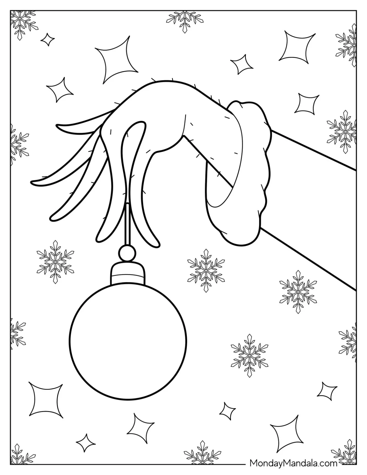 Grinch Holding  Bauble Christmas Ornaments Coloring Page For Kids coloring page