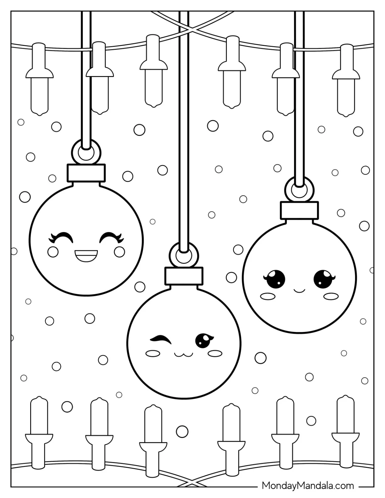 Kawaii Bulbs Christmas Ornaments Coloring Page For Preschoolers coloring page