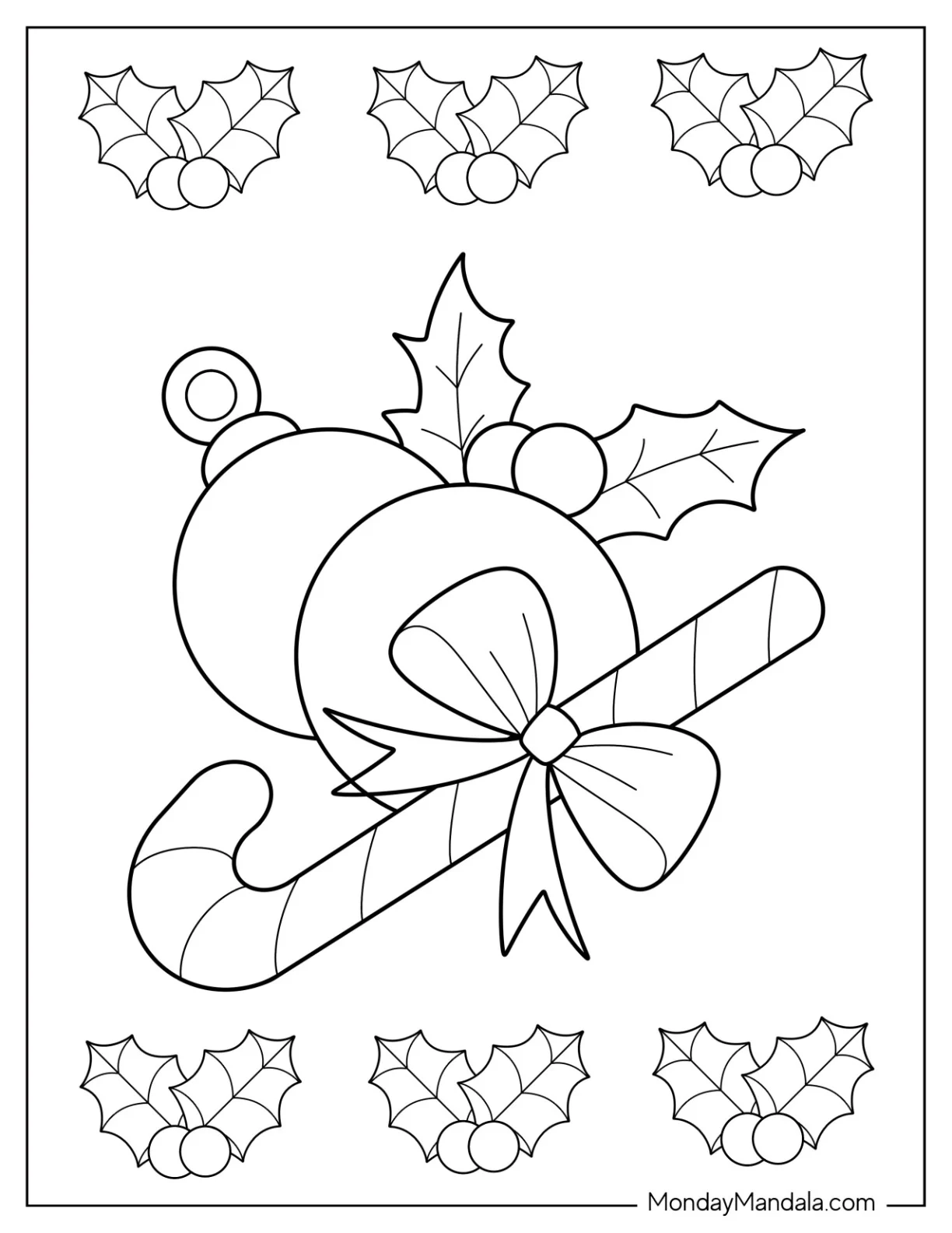 Simple Globes And Candy Cane Outline Christmas Ornaments Coloring Page coloring page