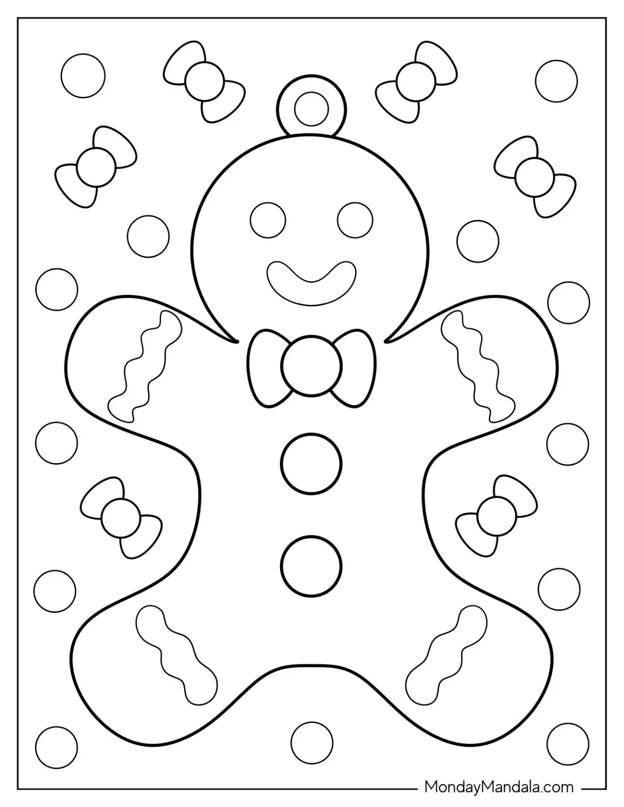 Smiling Gingerbread Man Christmas Ornaments Coloring Page coloring page — printable line art