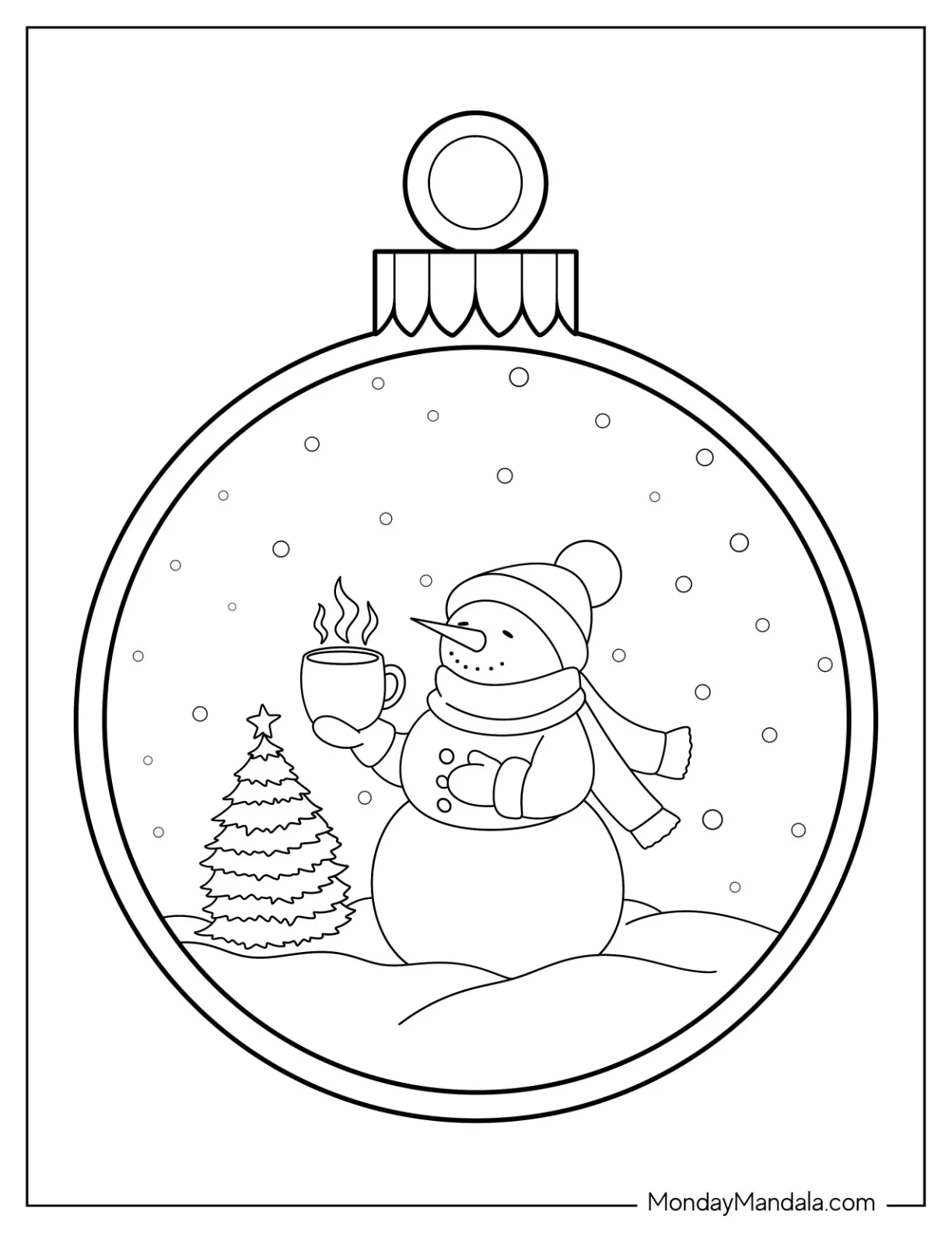 Snowman Holding Hot Chocolate In The Snow Bauble Christmas Ornaments Coloring Page coloring page