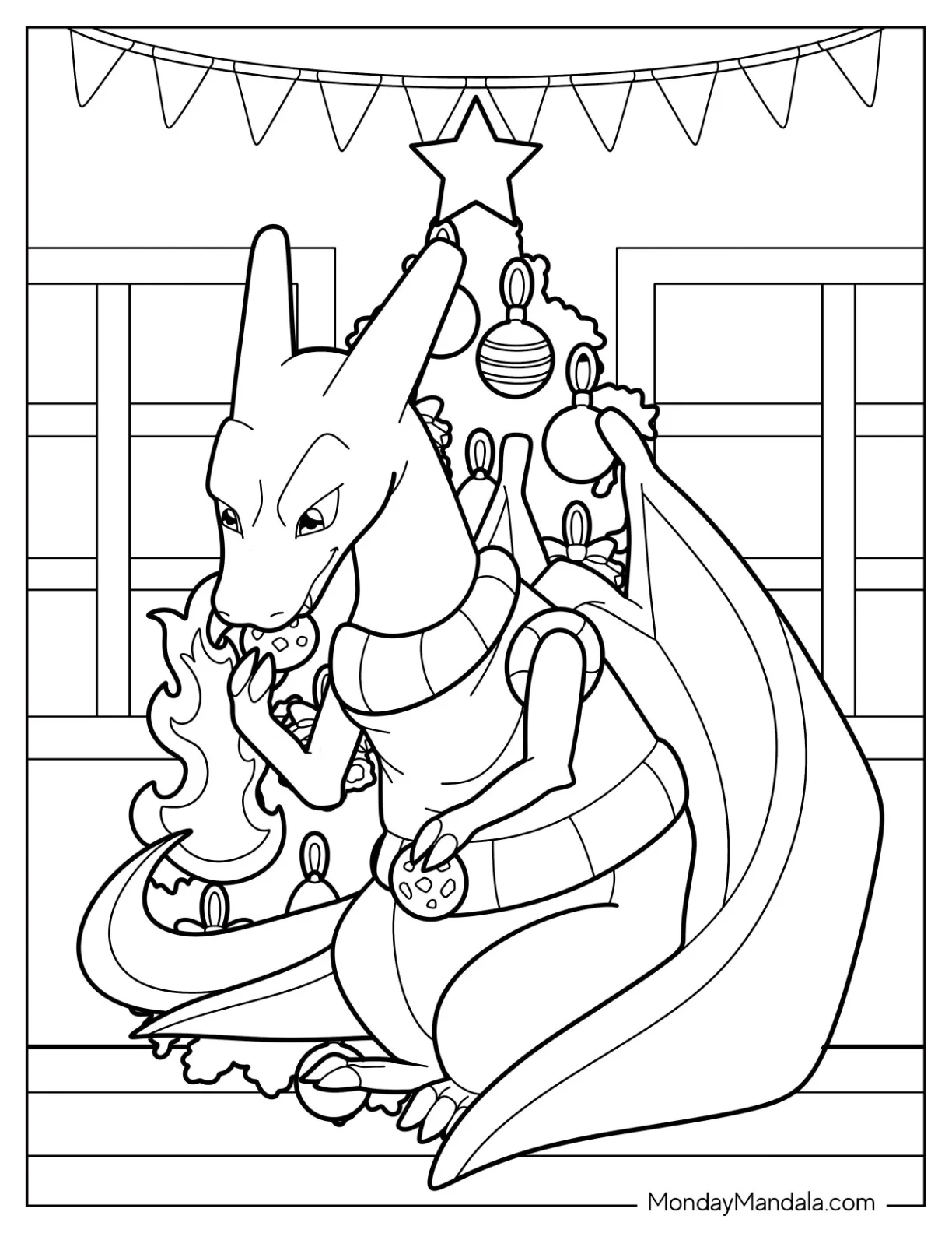 Pokemon Christmas Coloring Page Charizard Eating Cookies In Front Of Christmas Tree coloring page