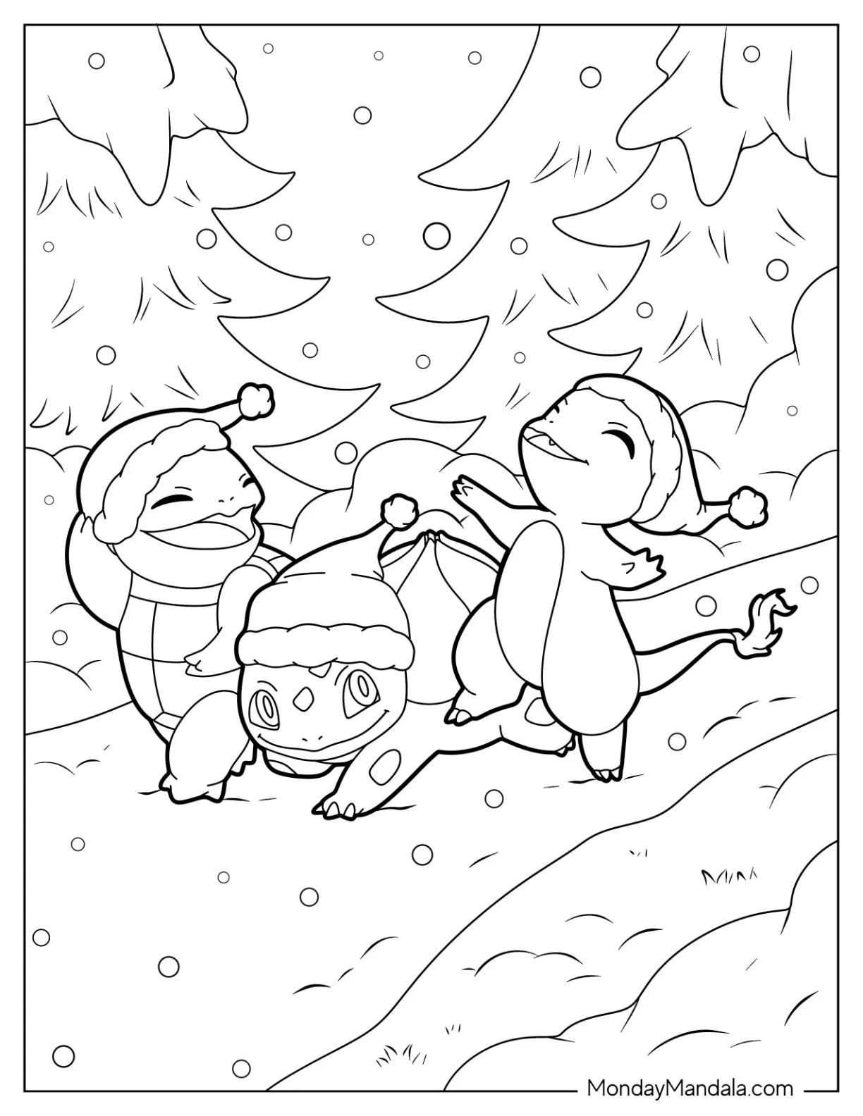 Pokemon Christmas Coloring Page Charmander, Bulbasaur, And Squirtle Walking In The Snow For Kids coloring page