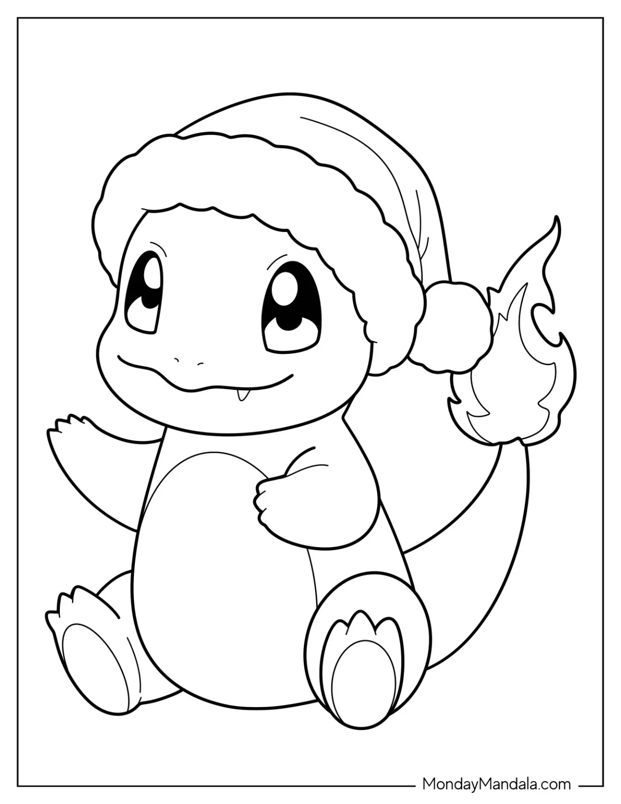 Pokemon Christmas Coloring Page Cute Charmander In Santa Hat For Preschoolers coloring page — printable line art