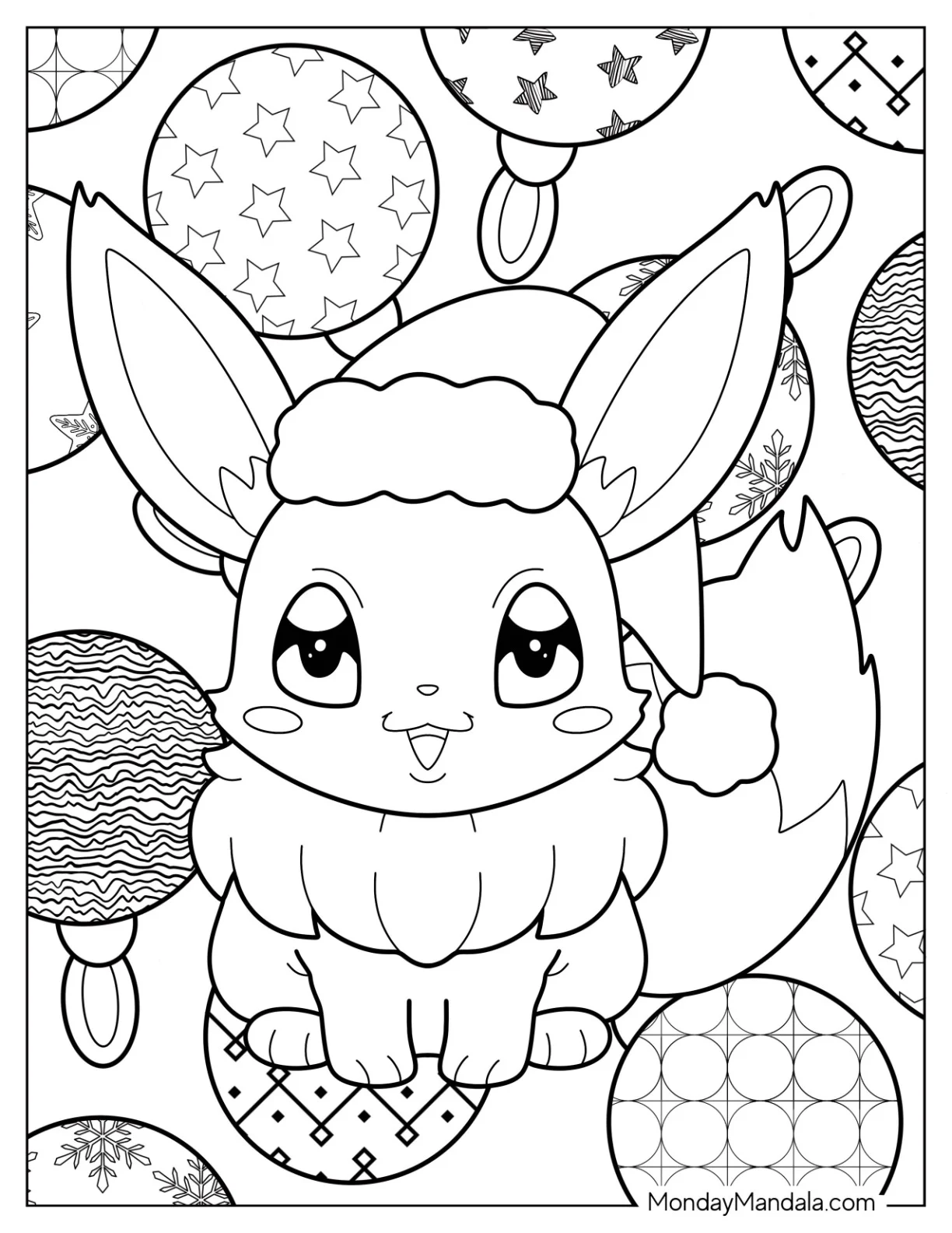 Pokemon Christmas Coloring Page Cute Eevee With Baubles In The Background Pokemon Christmas coloring page — printable line art