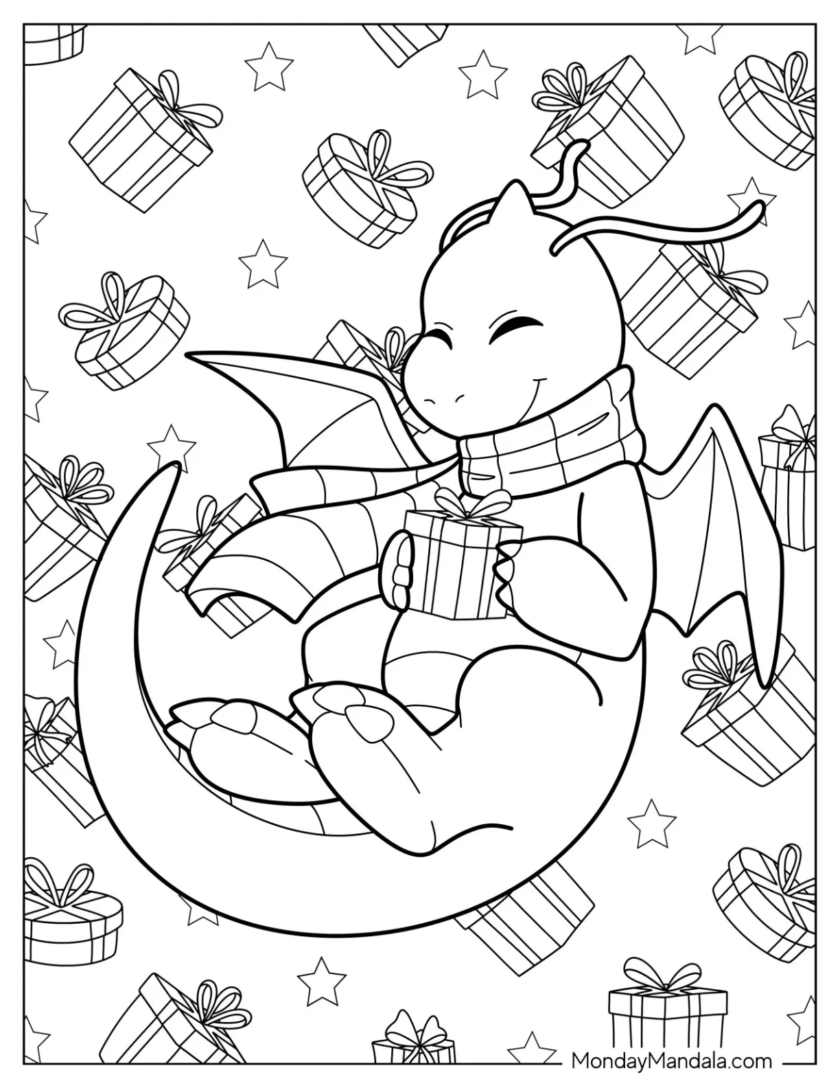 Pokemon Christmas Coloring Page Dragonite Holding A Present coloring page
