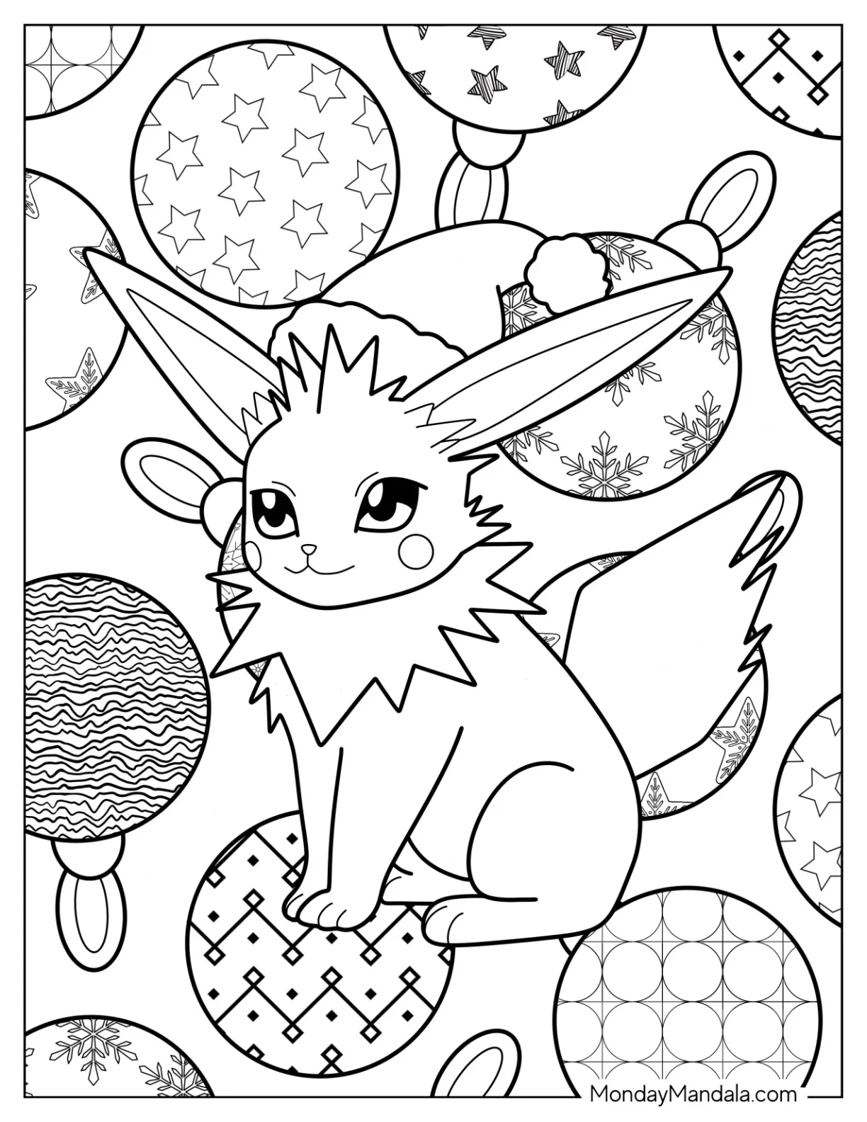 Pokemon Christmas Coloring Page Eevee Wearing Santa Hat With Christmas Baubles In The Background coloring page