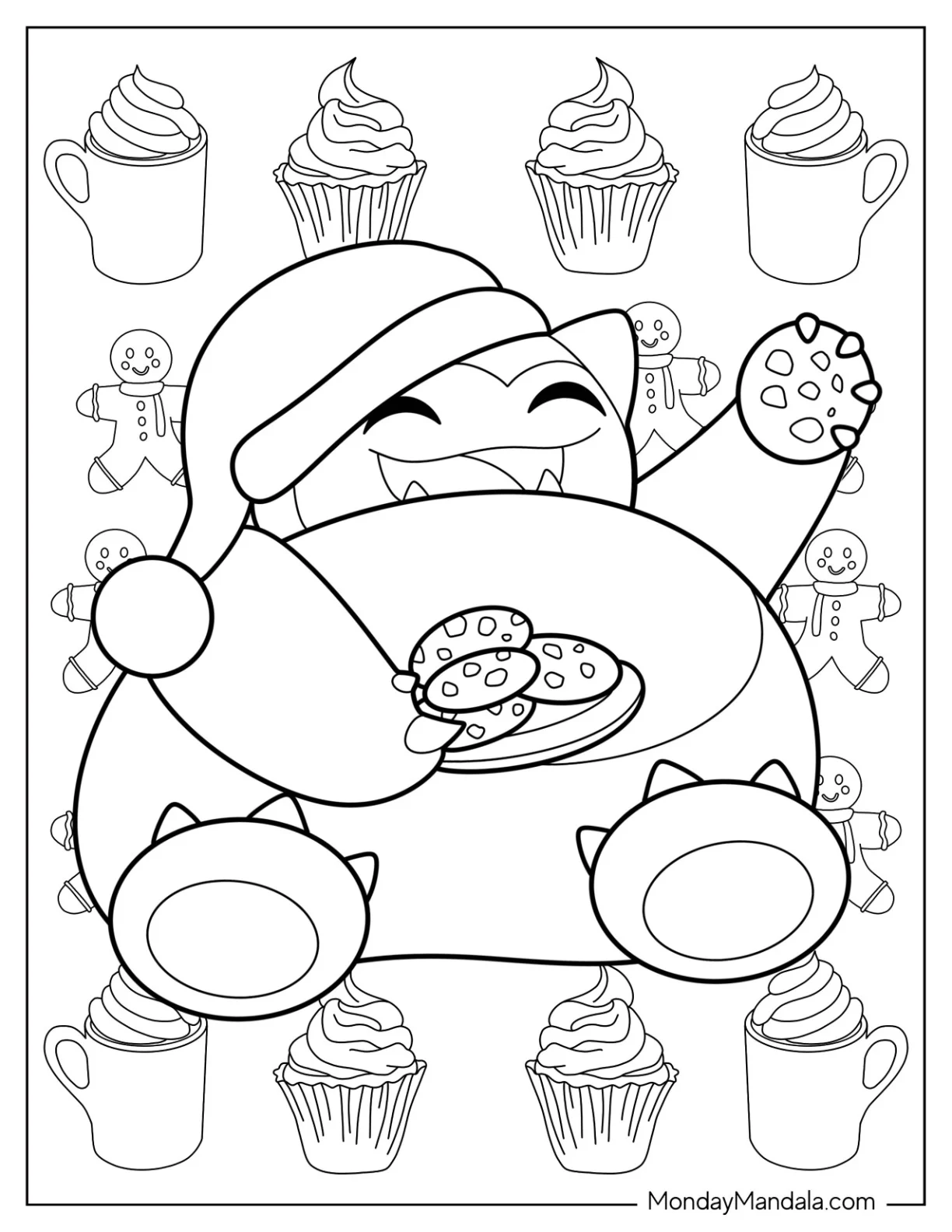 Pokemon Christmas Coloring Page Happy Snorlax Eating Christmas Cookies coloring page