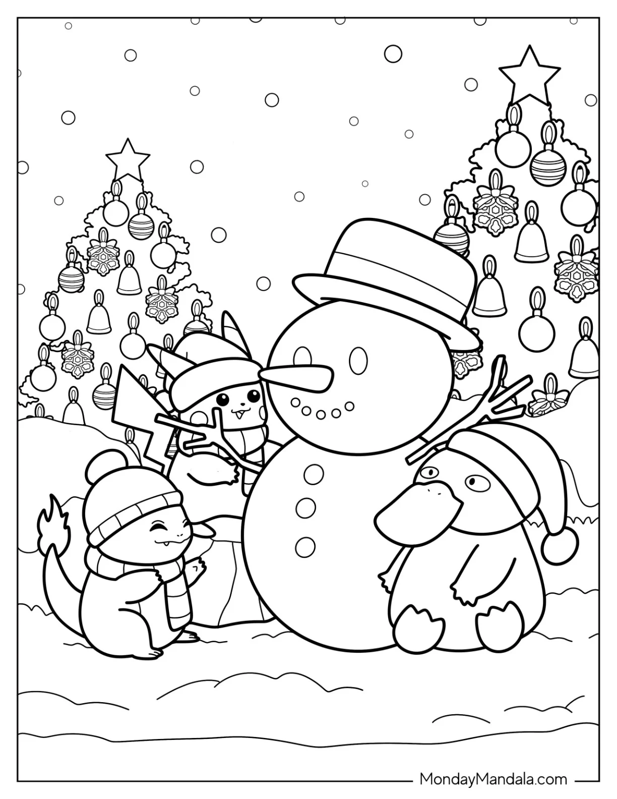 Pokemon Christmas Coloring Page Pikachu, Charmander, And Psyduck Making A Snowman coloring page