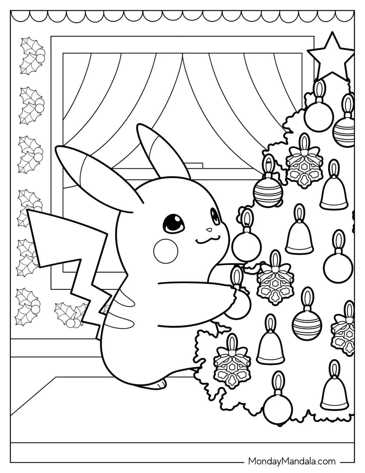 Pokemon Christmas Coloring Page Pikachu Decorating A Christmas Tree coloring page — printable line art