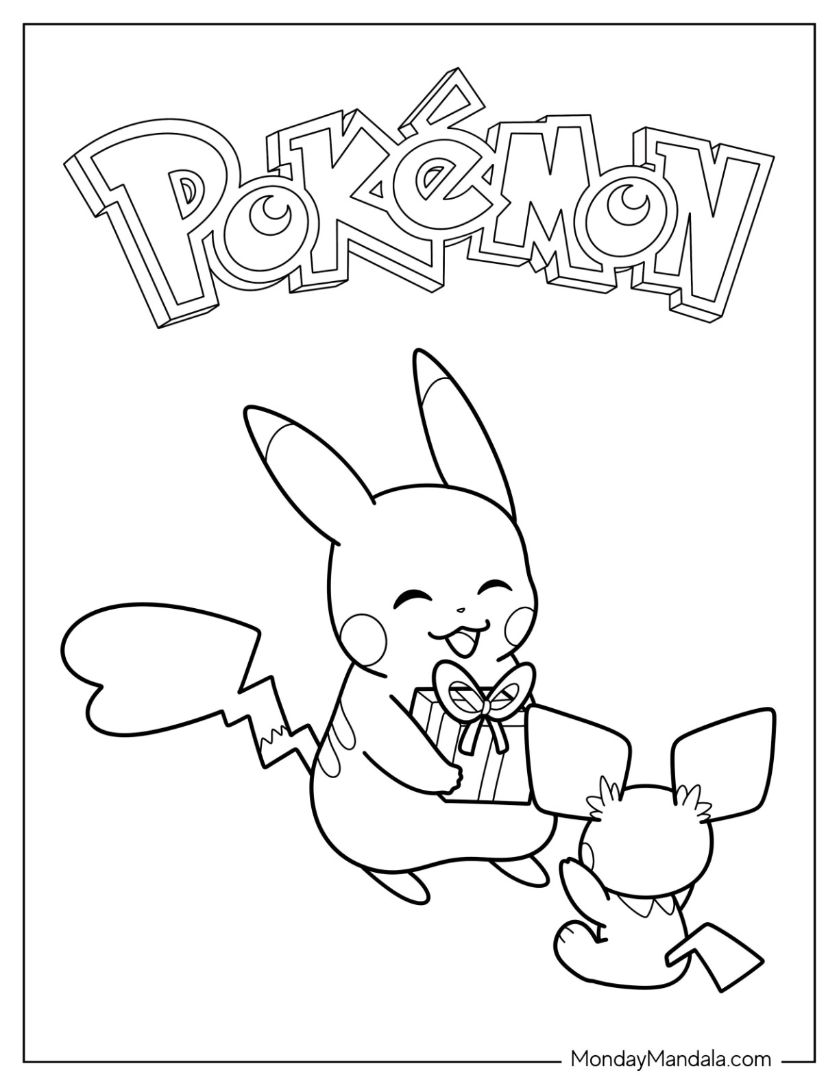 Pokemon Christmas Coloring Page Pikachu Giving Pichu A Present For Kids coloring page