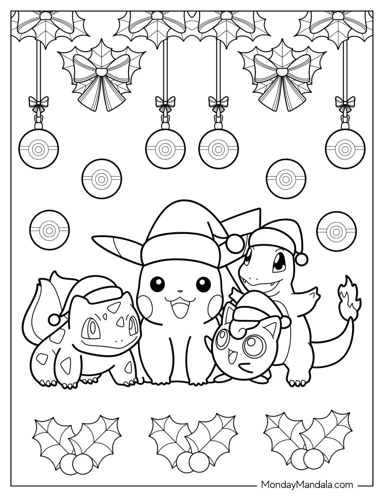 Pokemon Christmas Coloring Page Pikachu, Jigglypuff, Charmander, And Bulbasaur Wearing Santa Hat coloring page