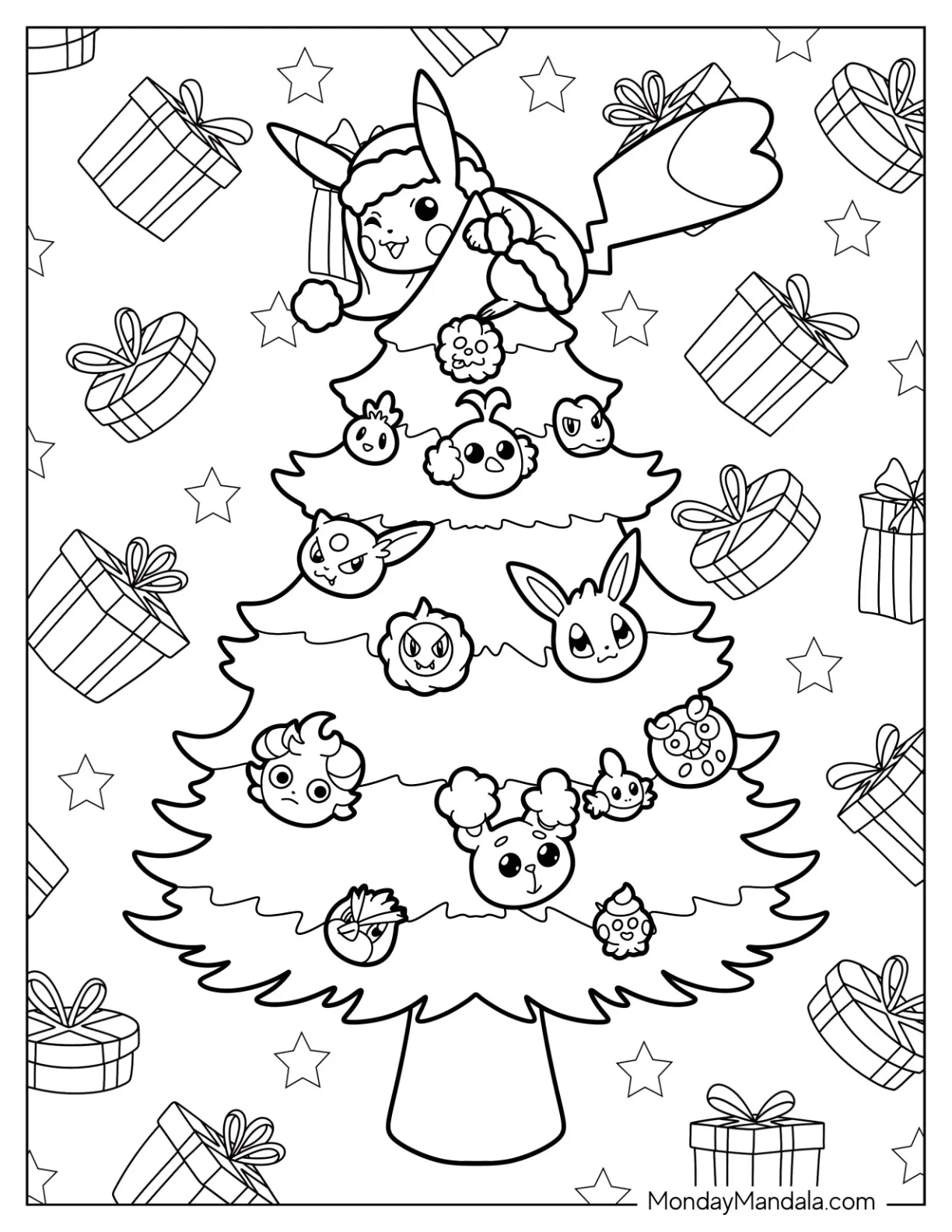 Pokemon Christmas Coloring Page Pikachu On Top Of A Christmas Tree With Pokemon Ornaments coloring page
