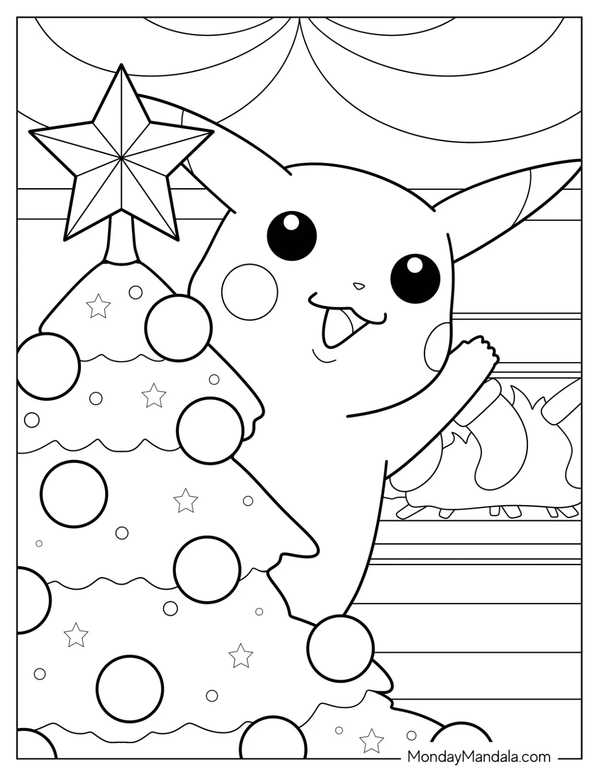 Pokemon Christmas Coloring Page Pikachu Waving From On Top Of A Christmas Tree For Kids coloring page