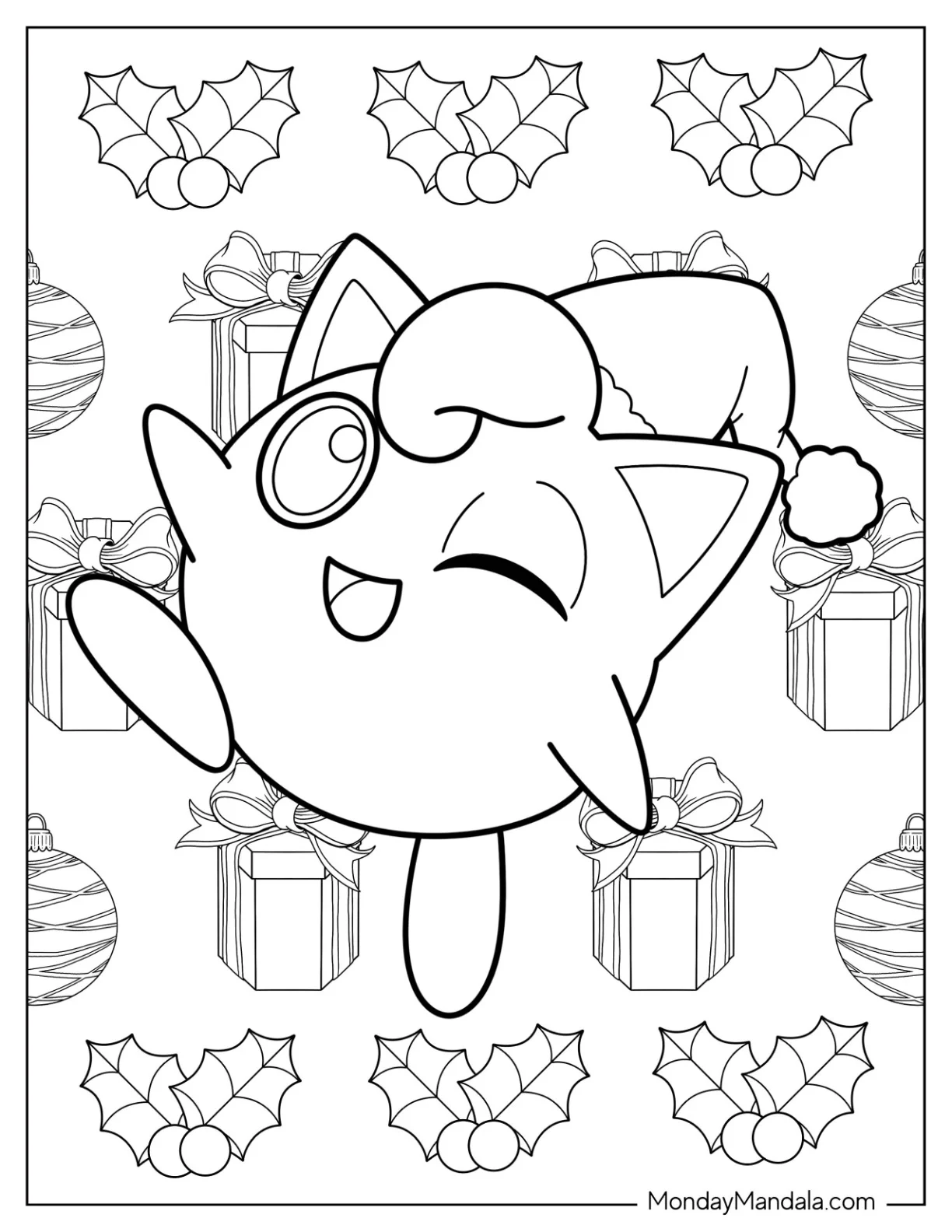 Pokemon Christmas Coloring Page Winking Jigglypuff Wearing Santa Hat For Kids coloring page