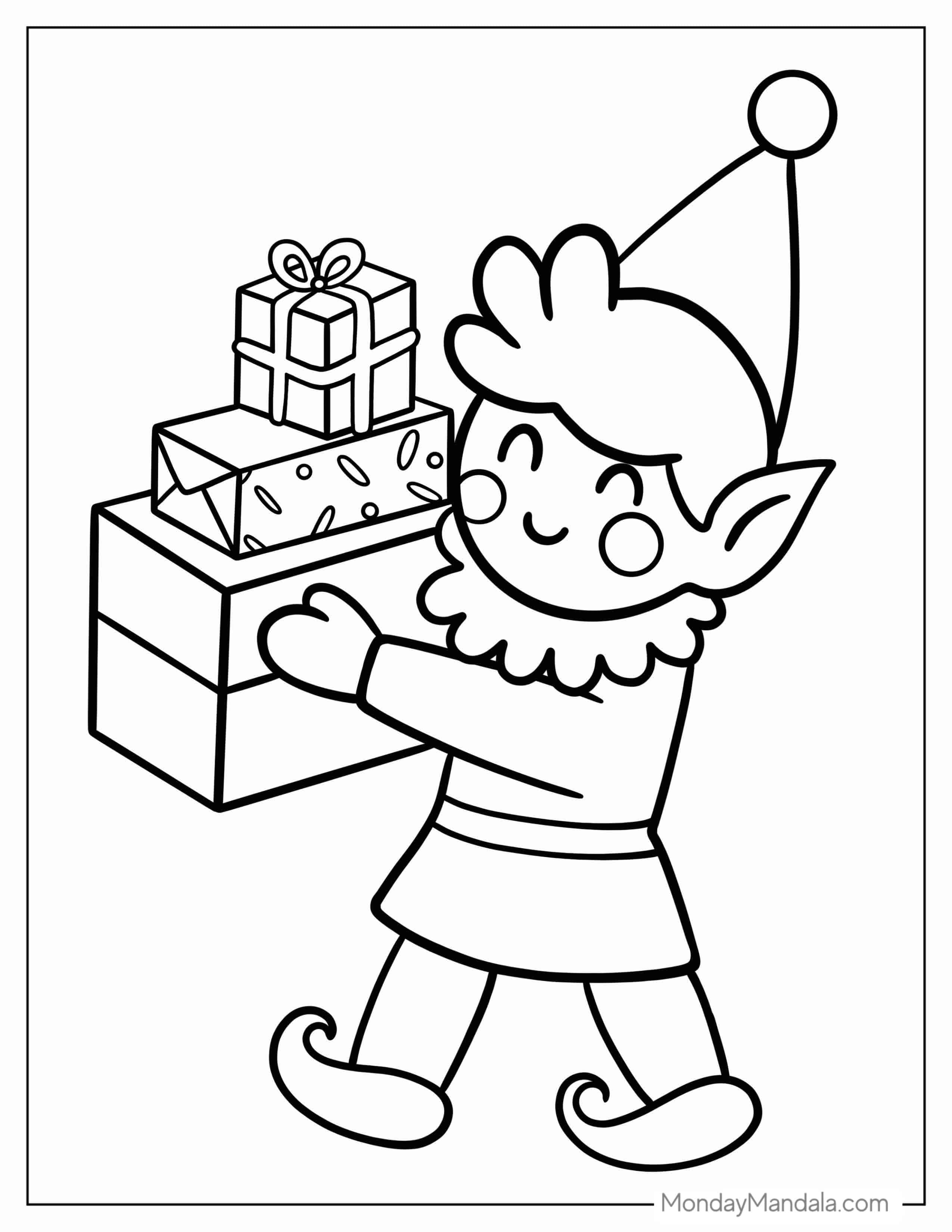 Adorable Elf Carrying Christmas Presents coloring page
