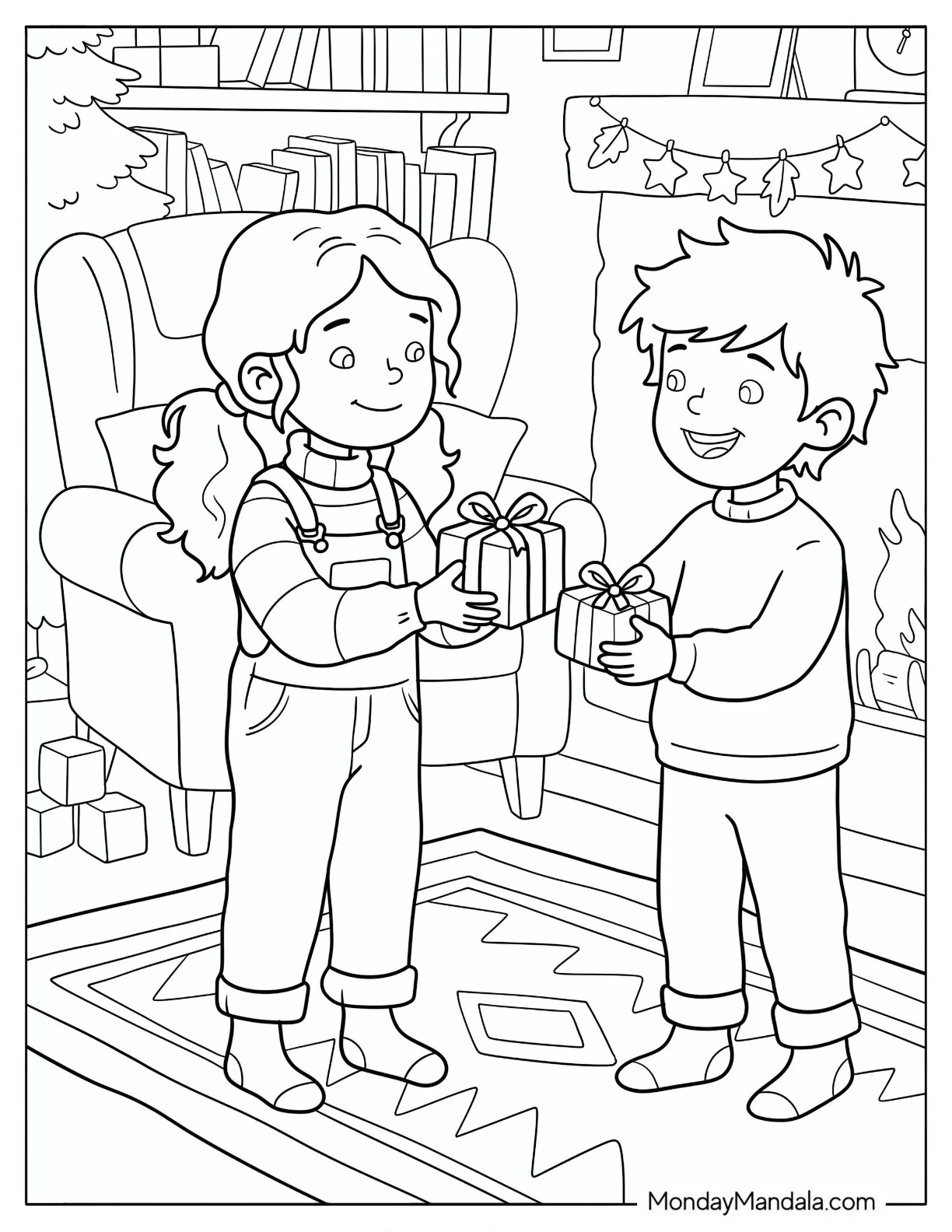 Children Exchanging Christmas Presents by the Fireplace Coloring Sheet coloring page