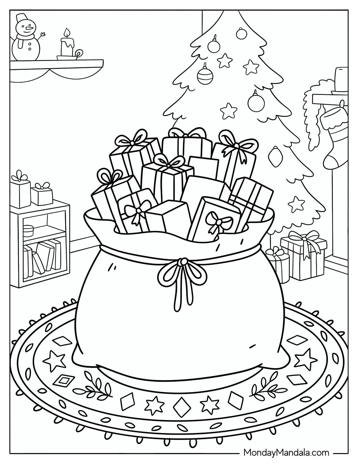 Christmas Gift Sack Filled with Presents Beside a Decorated Tree Coloring Page coloring page