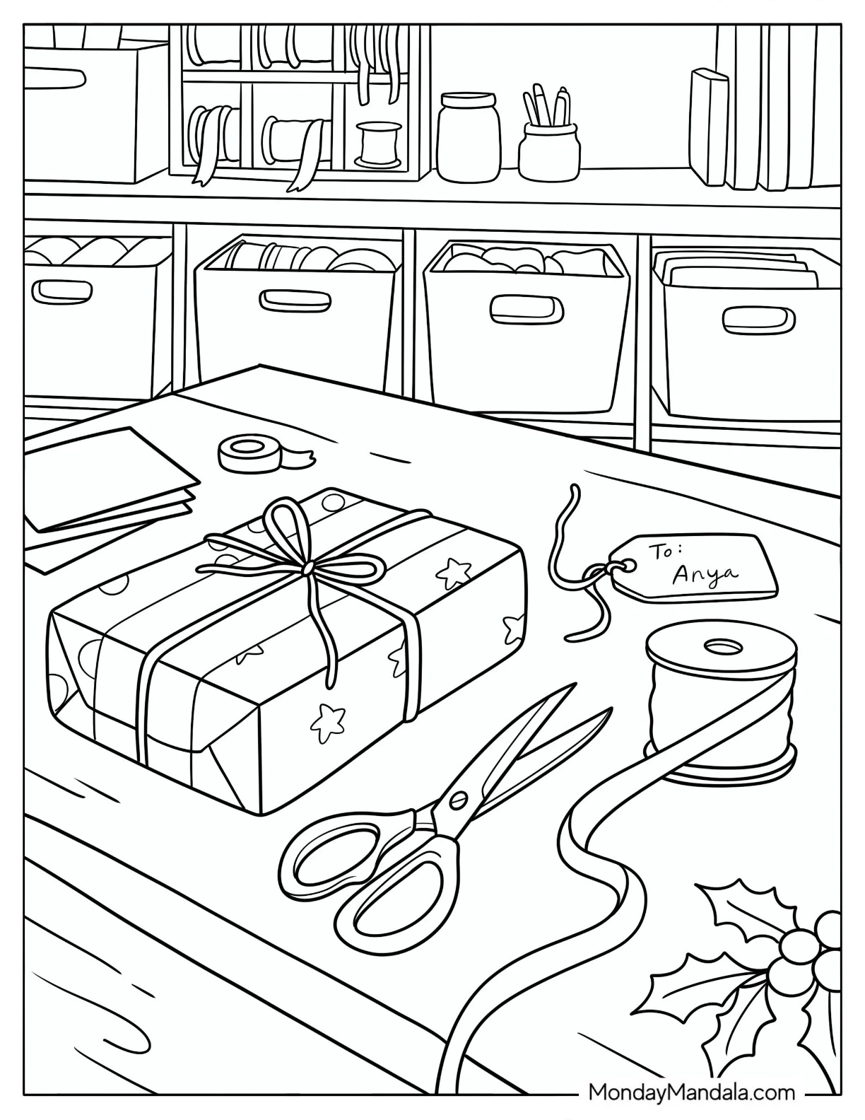 Christmas Present Being Wrapped with Ribbon and Gift Tag coloring page