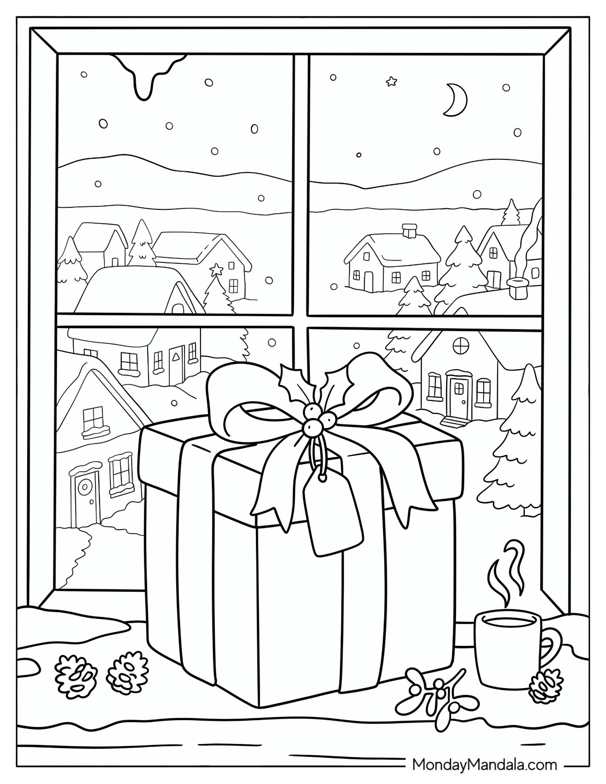 Christmas Present on a Windowsill Overlooking a Snowy Village Coloring Sheet coloring page