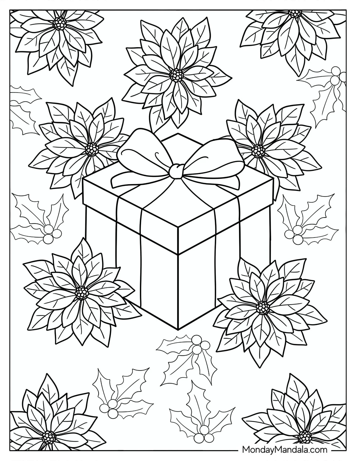 Christmas Present Surrounded by Poinsettias and Holly Coloring Sheet coloring page