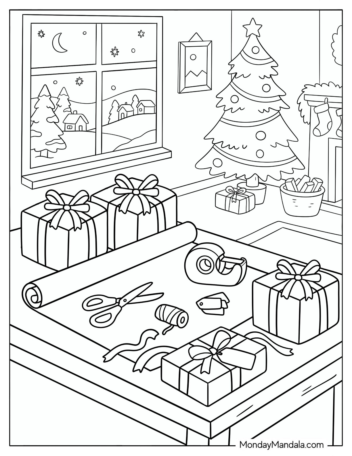 Christmas Presents Being Wrapped on a Craft Table Coloring Page for Kids coloring page