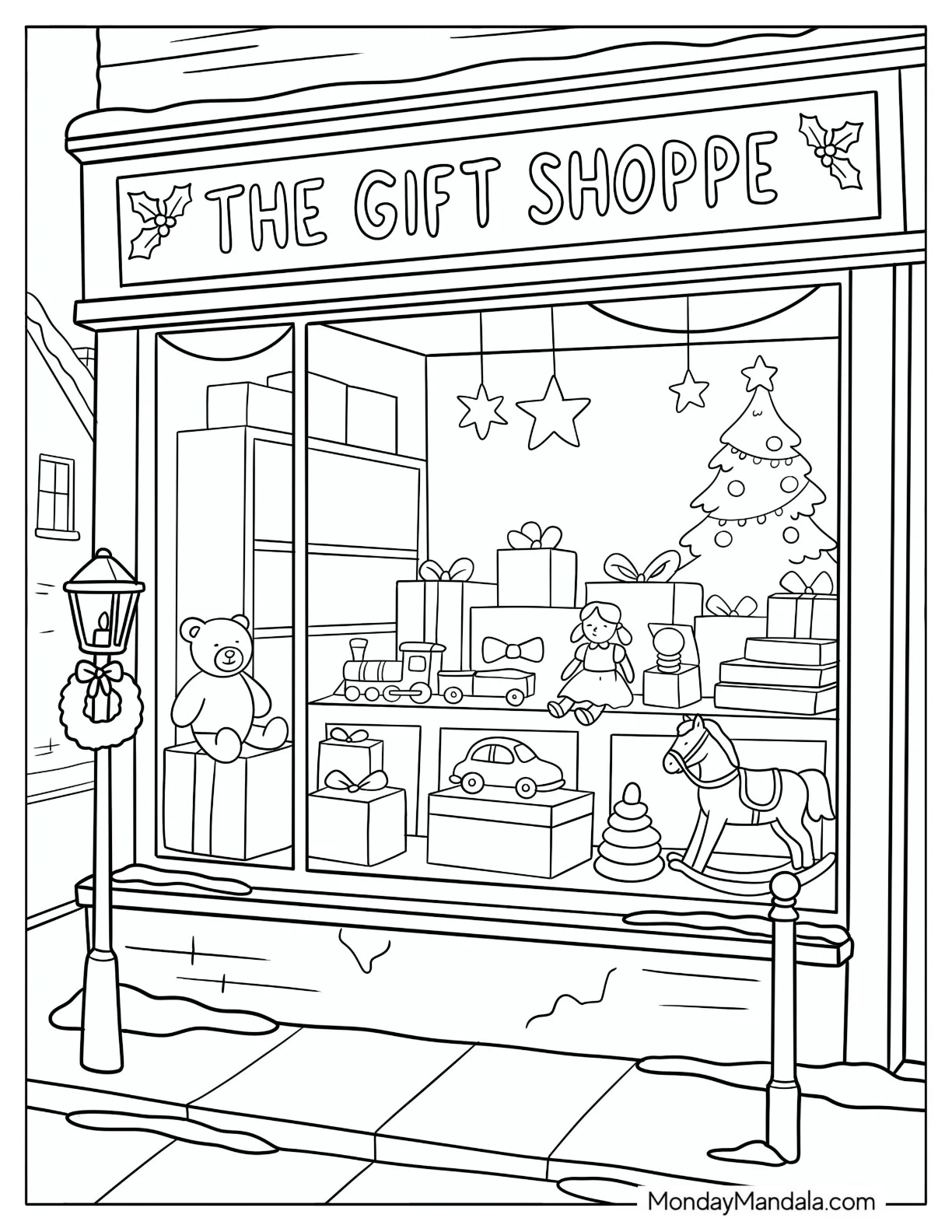Christmas Presents Displayed in a Festive Gift Shop Window coloring page