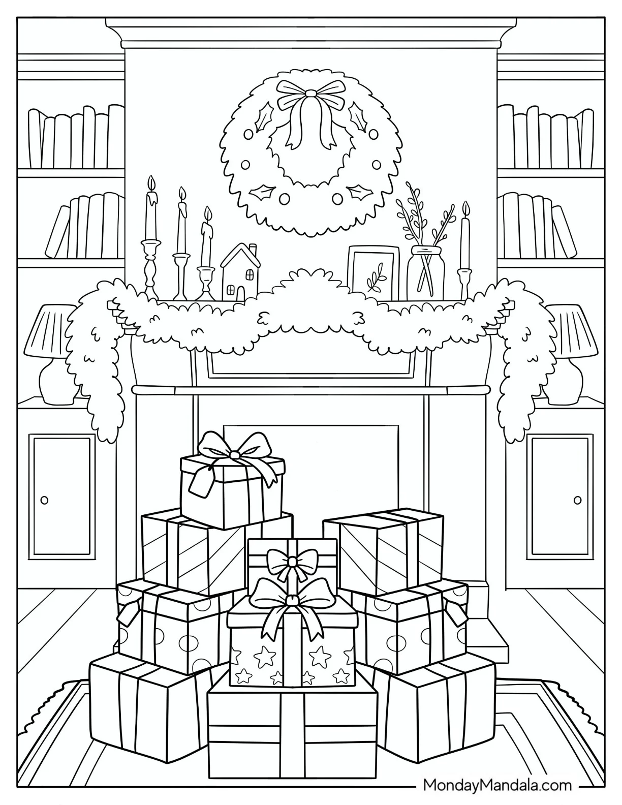 Christmas Presents Stacked Beneath a Festive Fireplace Mantel Coloring Page coloring page