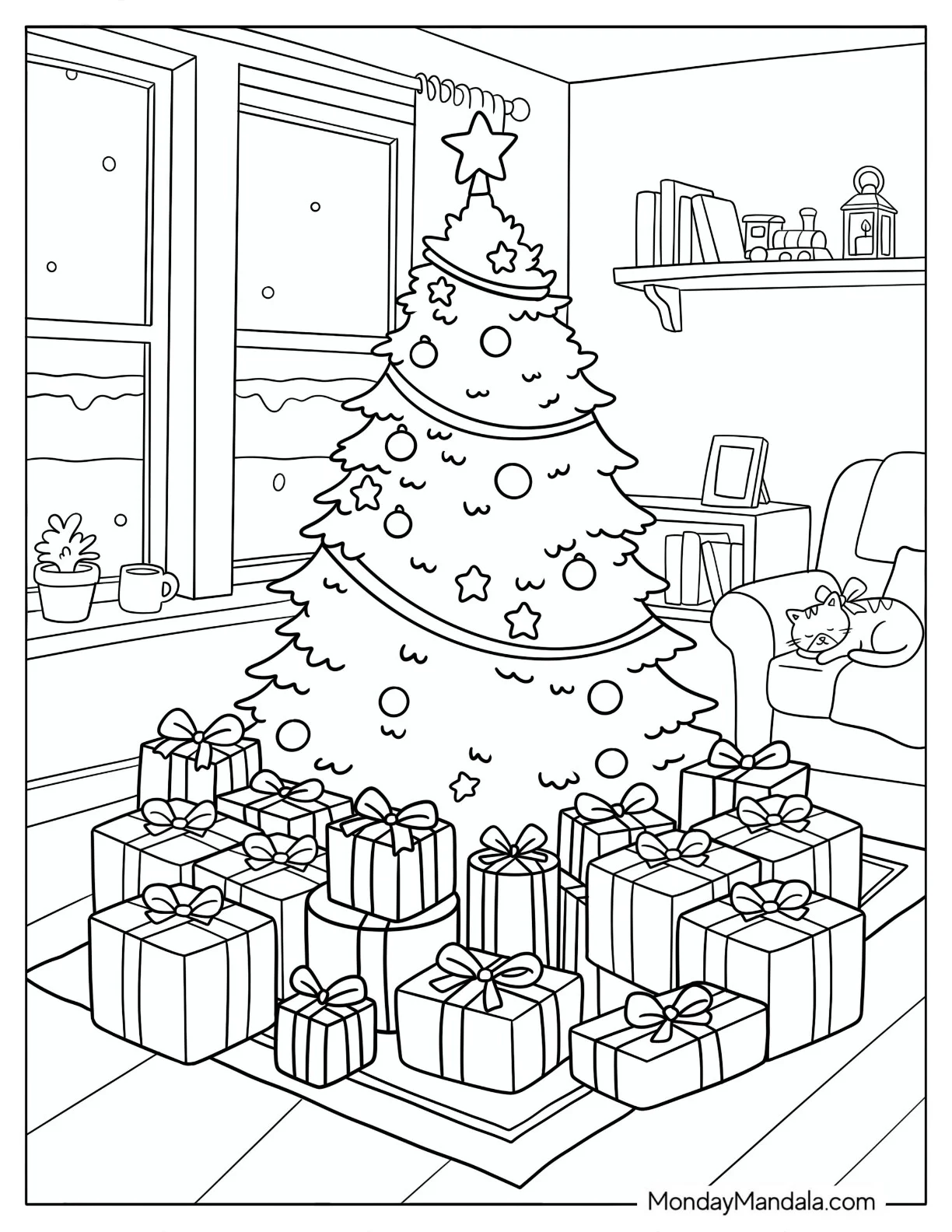 Christmas Presents Surrounding a Decorated Tree Coloring Sheet coloring page