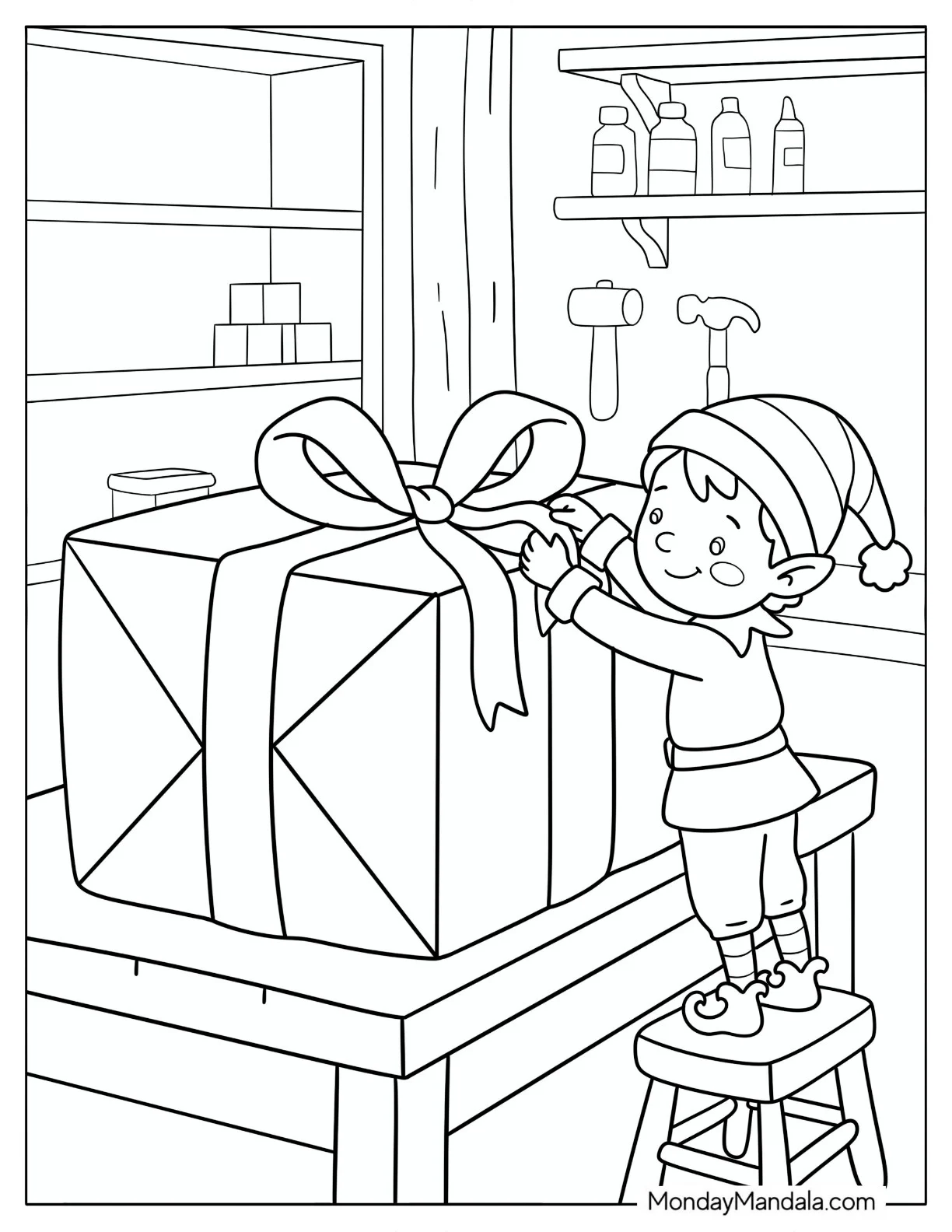 Elf Wrapping a Large Christmas Present in Santa’s Workshop Coloring Sheet for Kids coloring page