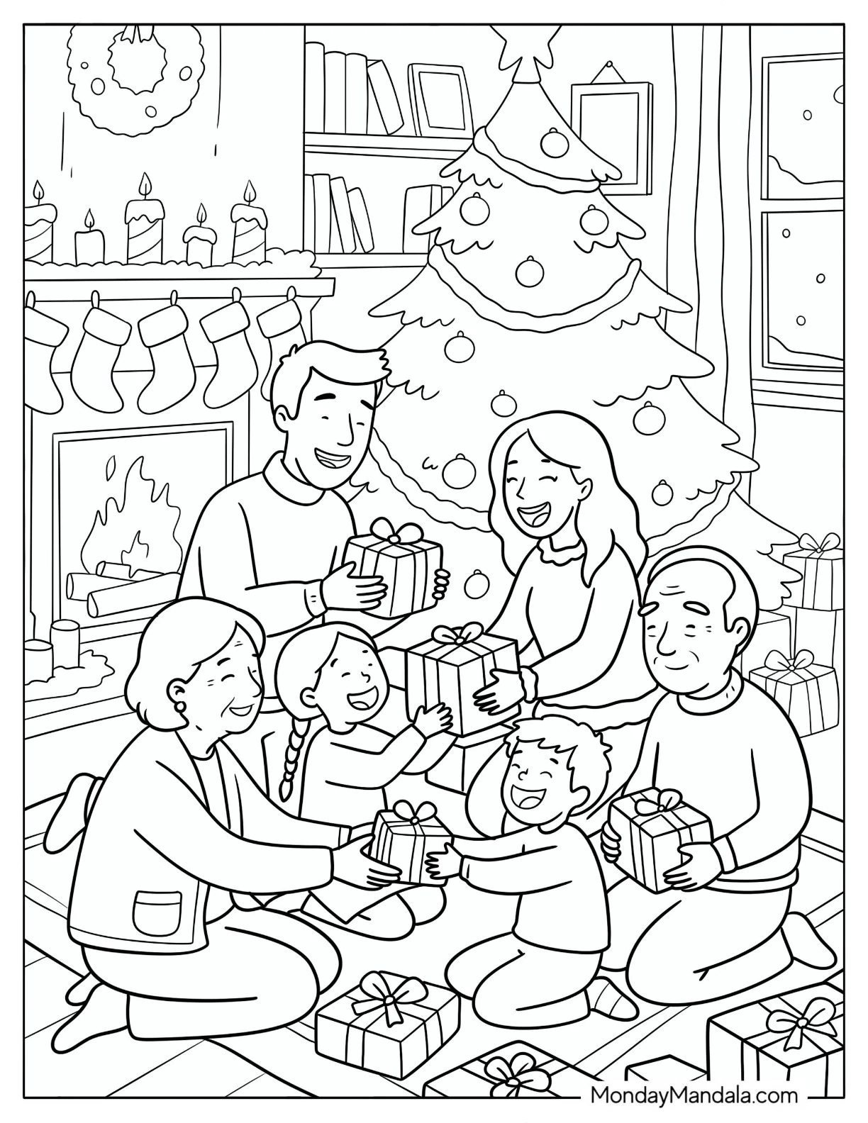 Family Exchanging Christmas Presents by the Fireplace Coloring Sheet coloring page