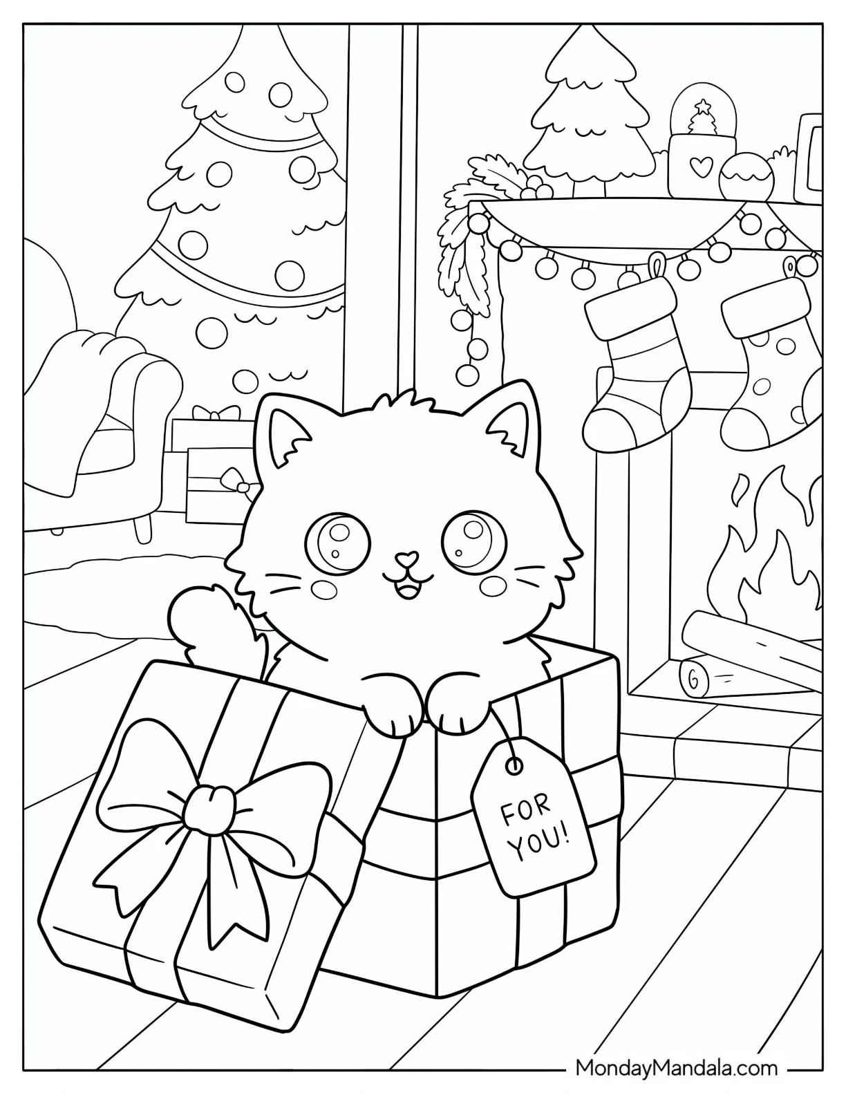 Kitten Popping Out of a Christmas Present by the Fireplace Coloring Page for Kids coloring page
