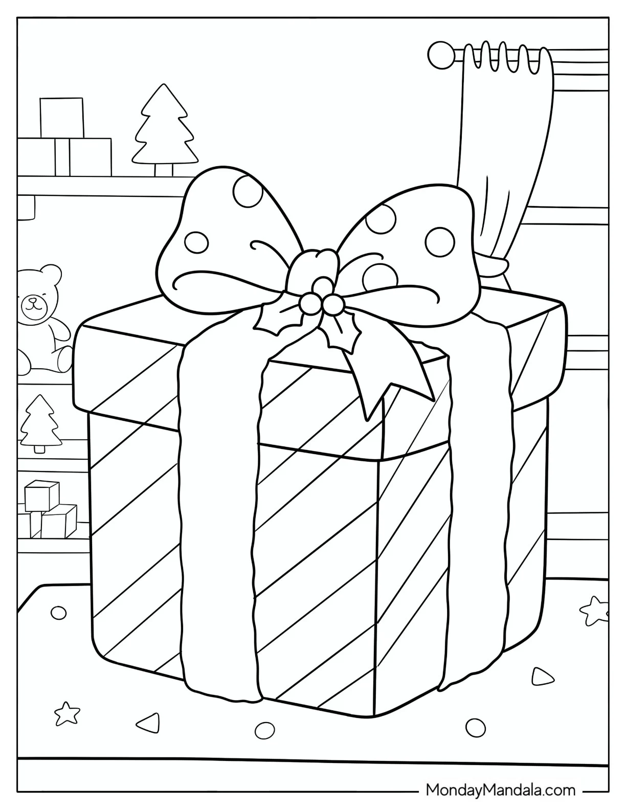 Large Christmas Present with a Holly Bow Coloring Page for Kids coloring page