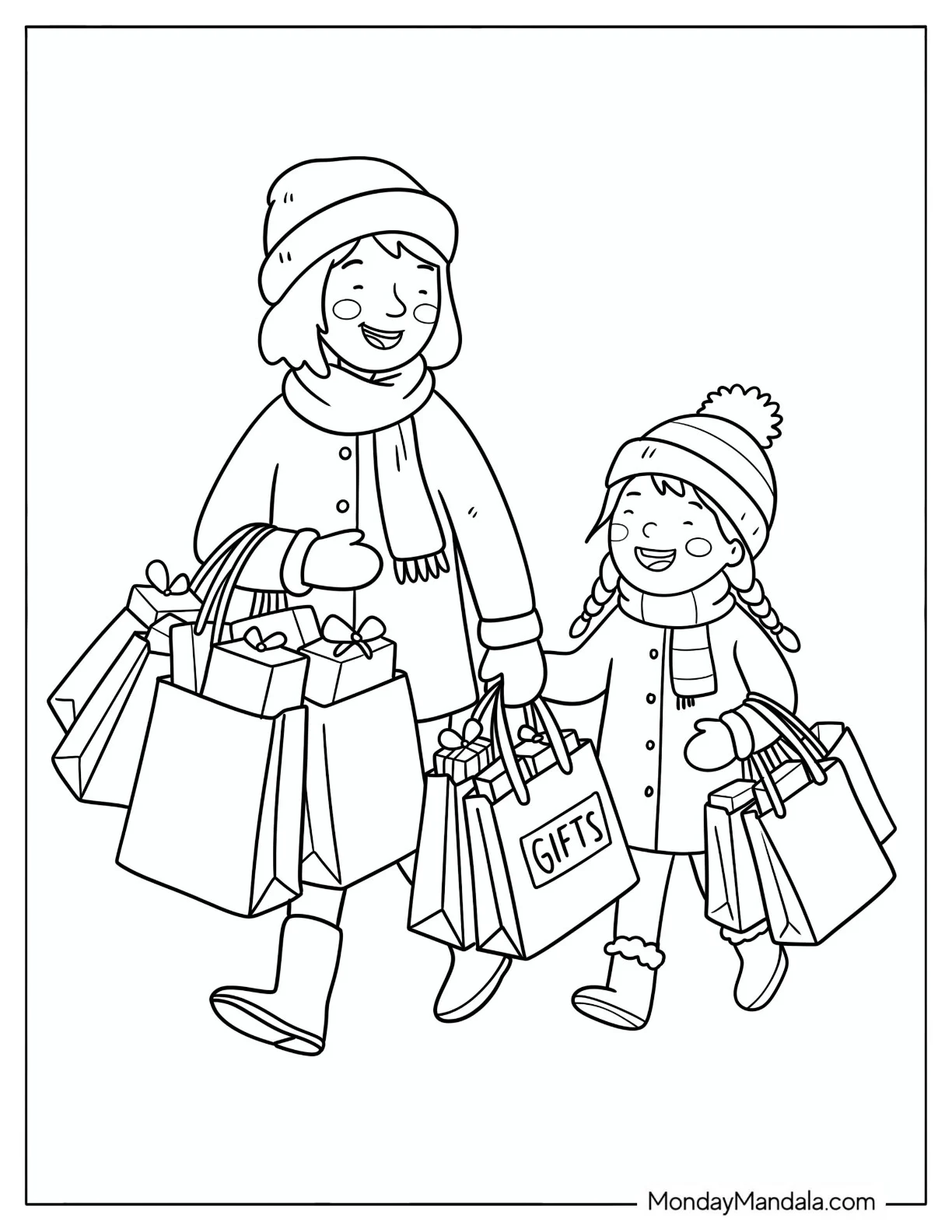 Mother and Daughter Shopping for Christmas Presents Coloring Page for Kids coloring page