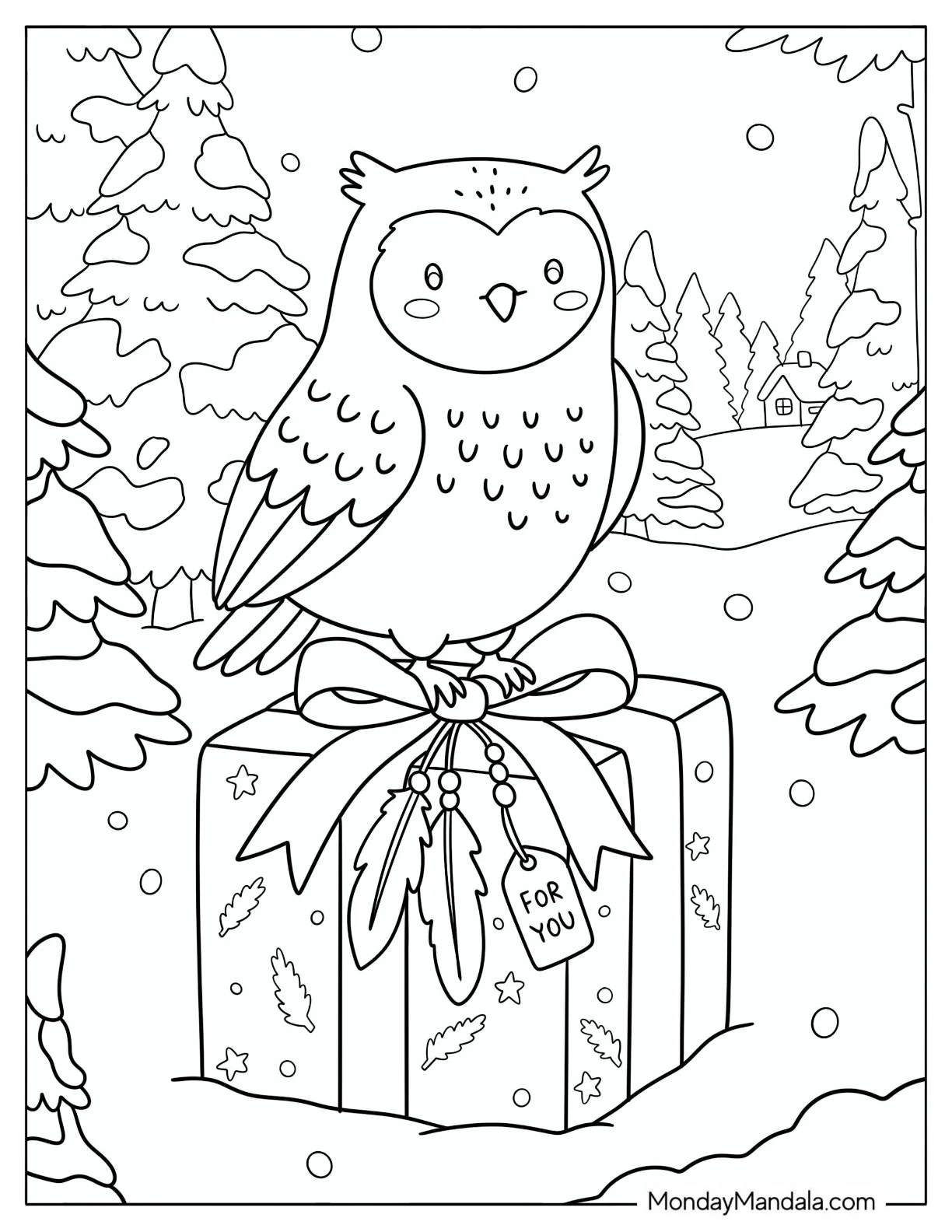 Owl Perched on a Christmas Present in a Snowy Forest Coloring Page for Kids coloring page