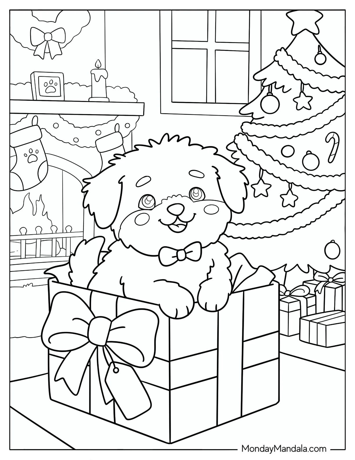Puppy Popping Out of a Christmas Present by the Tree Coloring Sheet for Kids coloring page