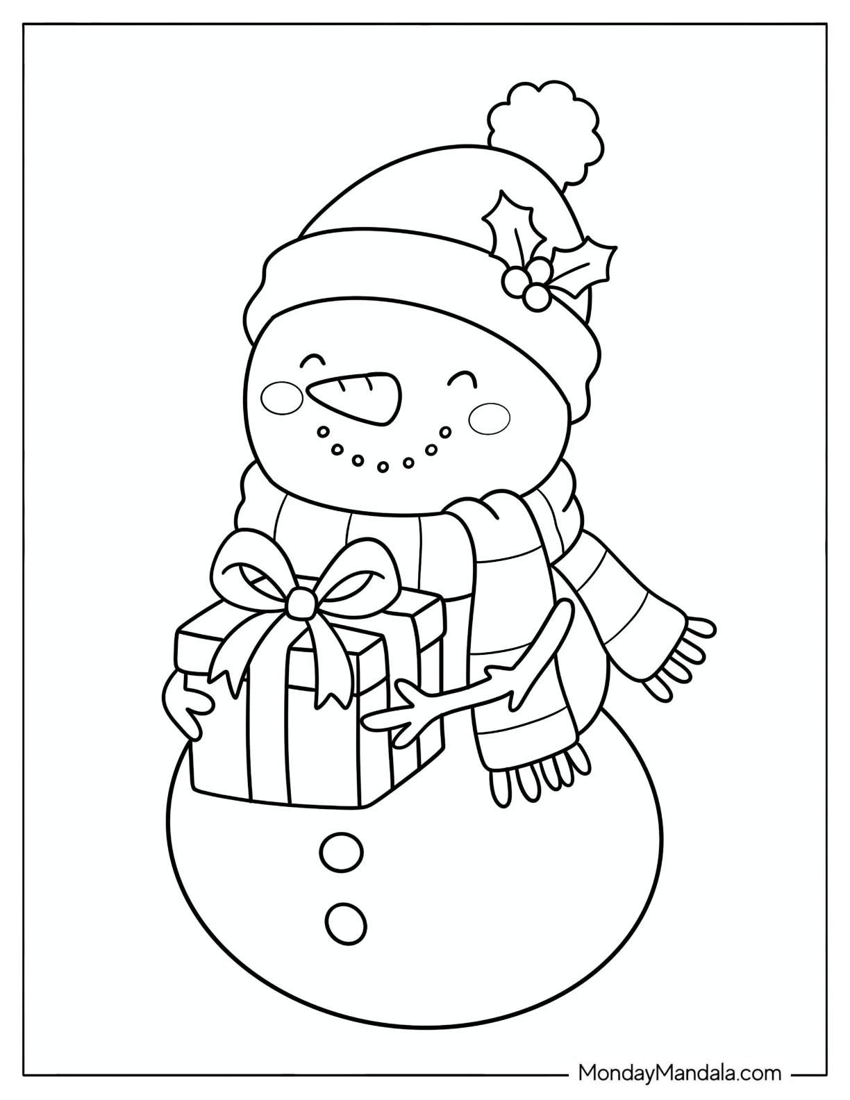 Snowman Holding a Wrapped Christmas Present Coloring Sheet for Preschoolers coloring page