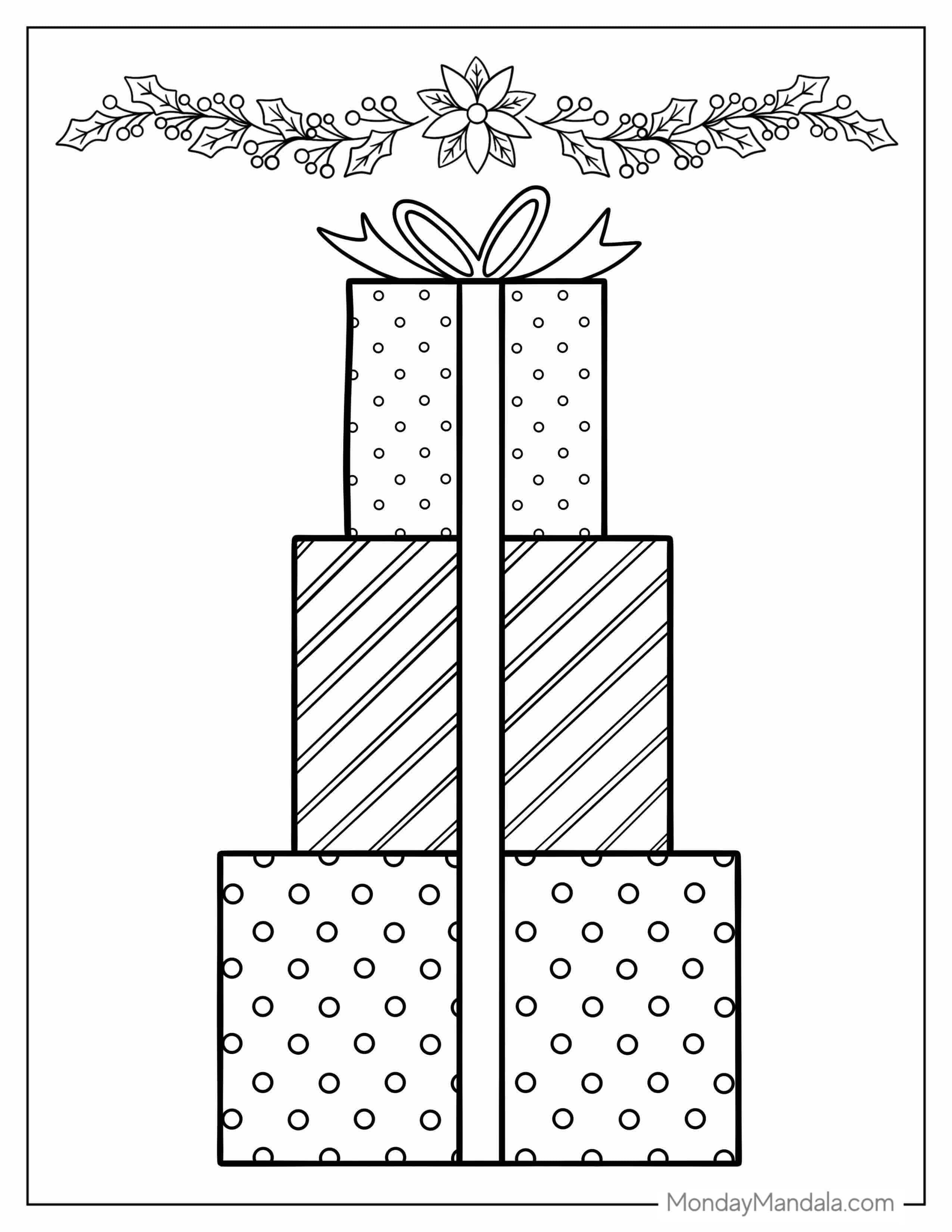 Stack Of Christmas Presents With Mistletoes coloring page
