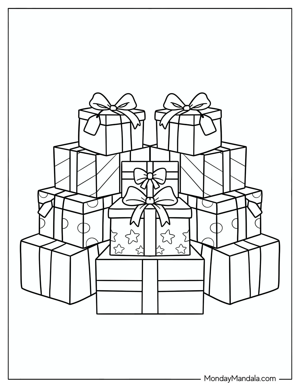 Stacked Christmas Presents with Bows and Ribbons Coloring Sheet coloring page
