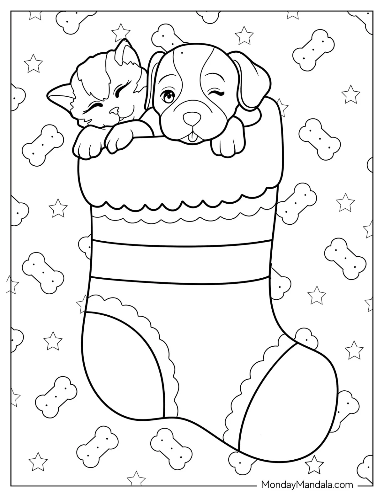 Adorable Puppy And Kitten Inside A Christmas Stocking coloring page — printable line art