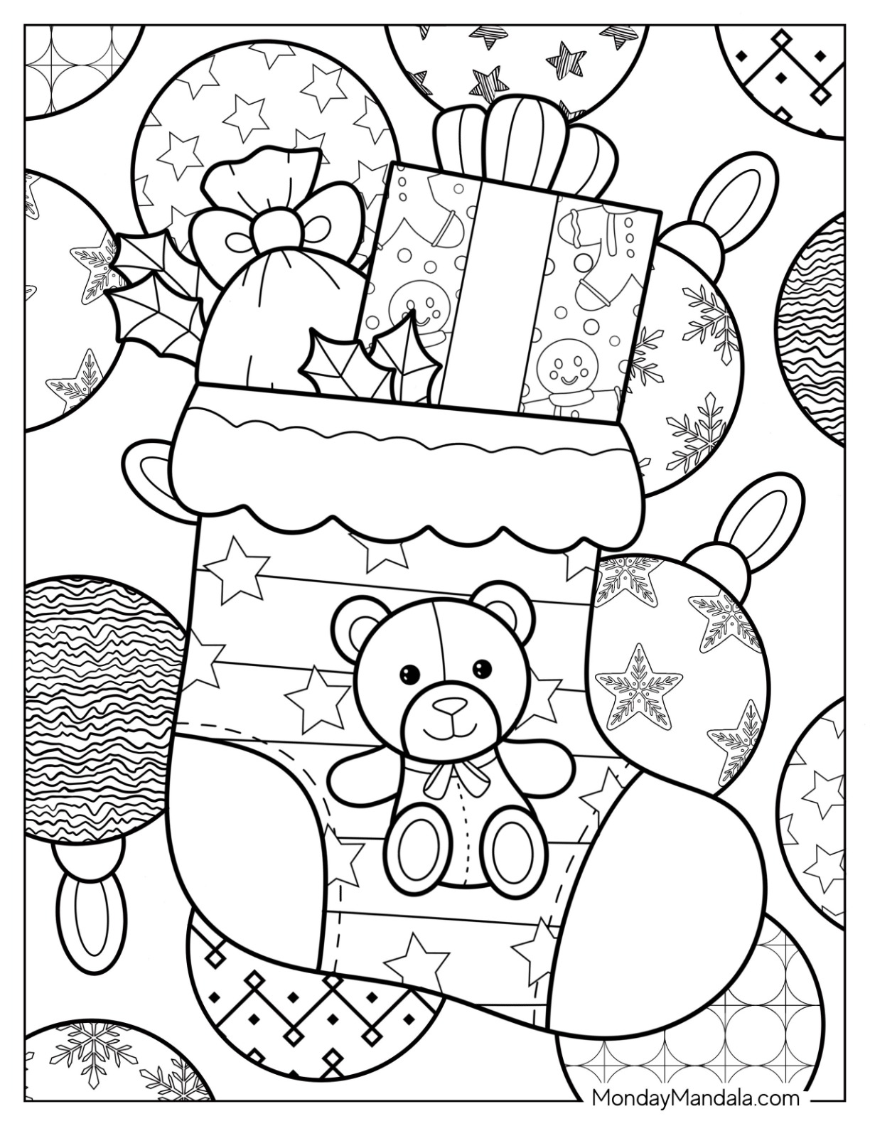 Christmas Stocking Full Of Presents With Baubles In The Background coloring page — printable line art