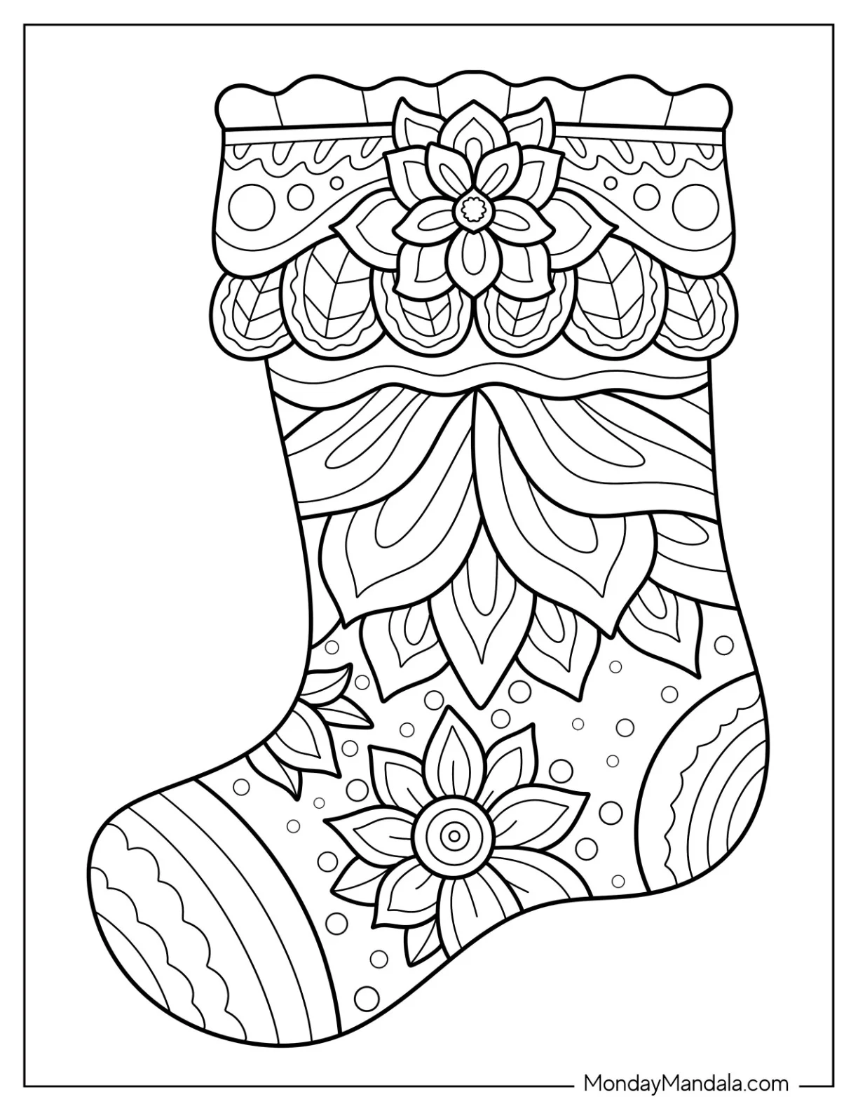 Christmas Stocking With Floral And Snowflake Patterns Coloring Page For Kids coloring page