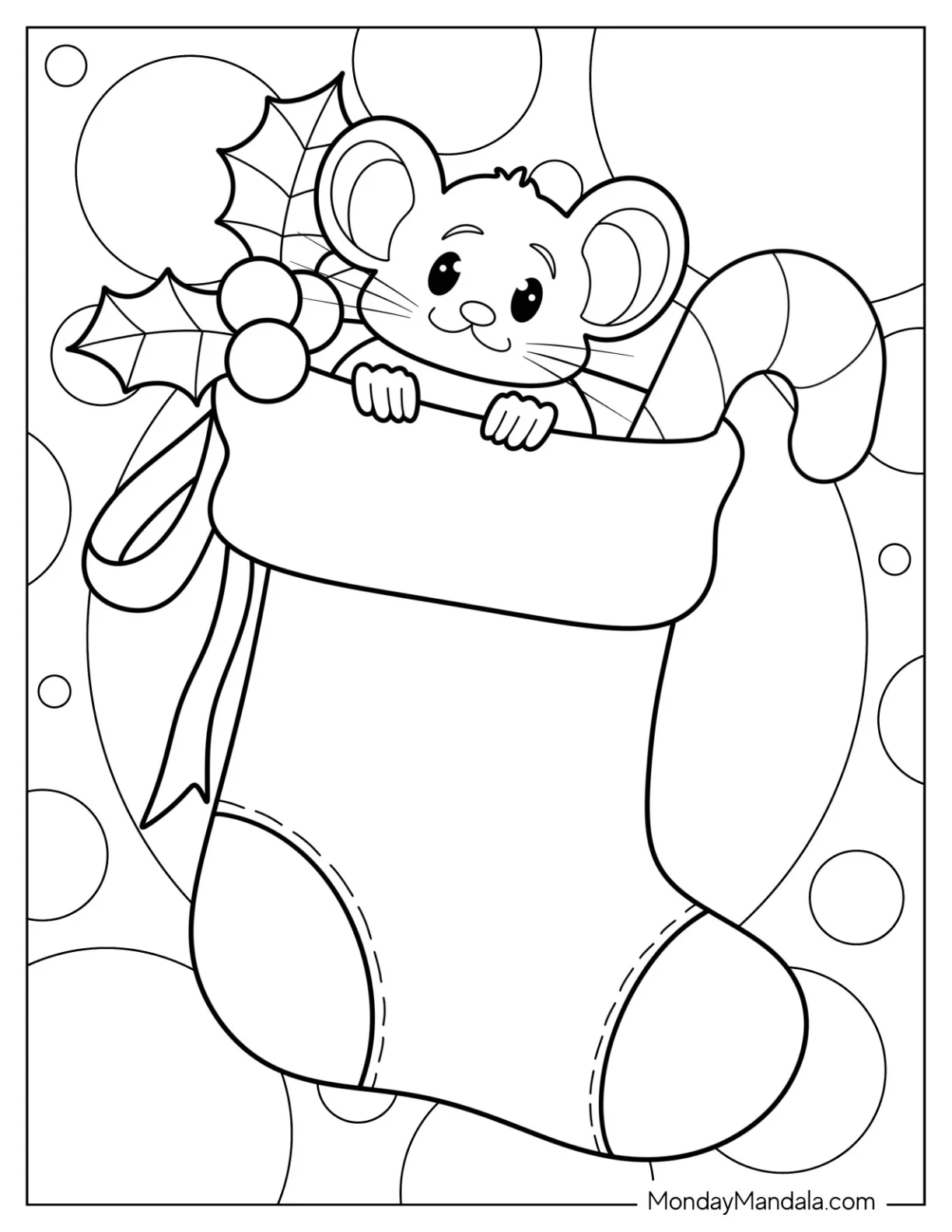 Cute Mouse Inside A Christmas Stocking With Mistletoe And Candy Cane Coloring Sheet coloring page