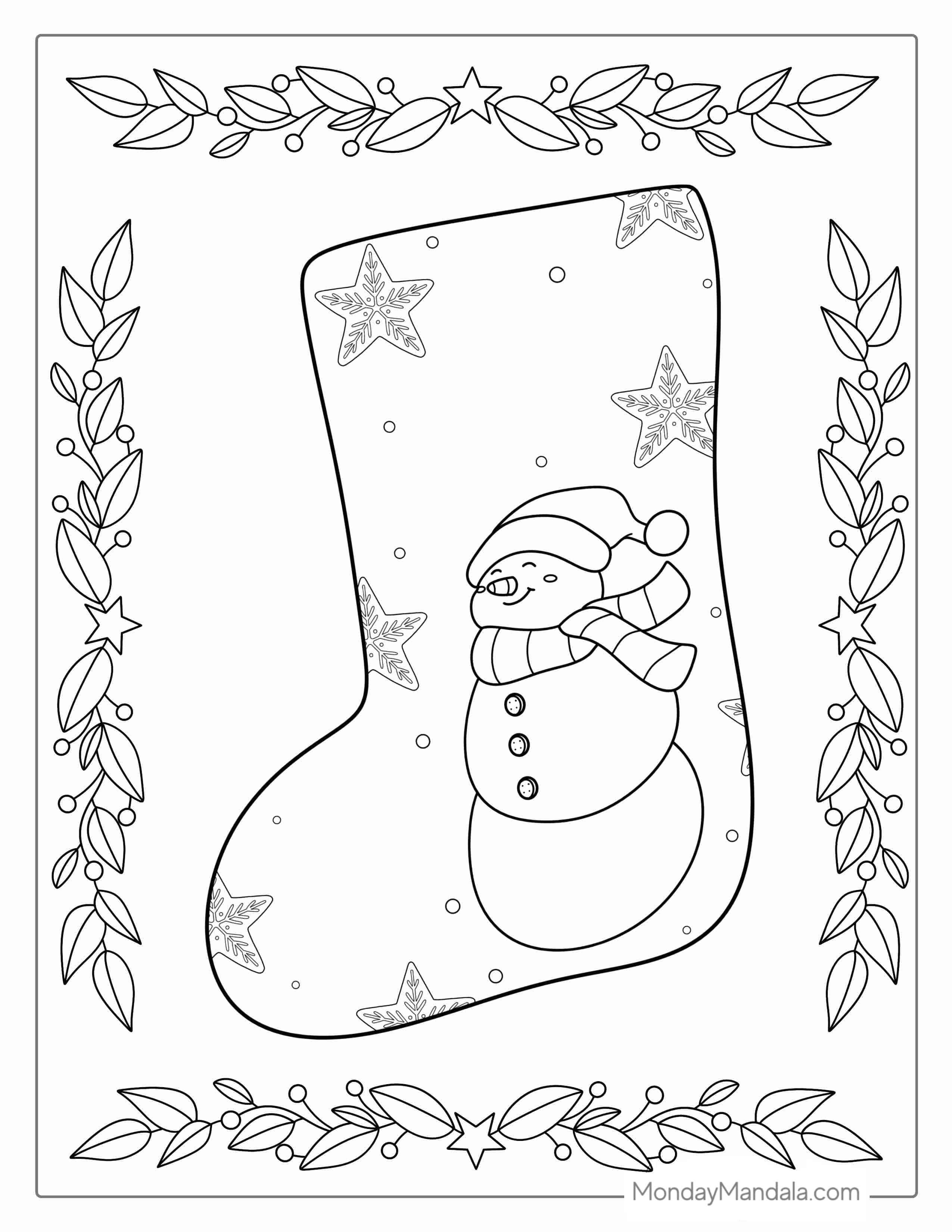 Easy Christmas Stocking To Color With Snowman coloring page — printable line art