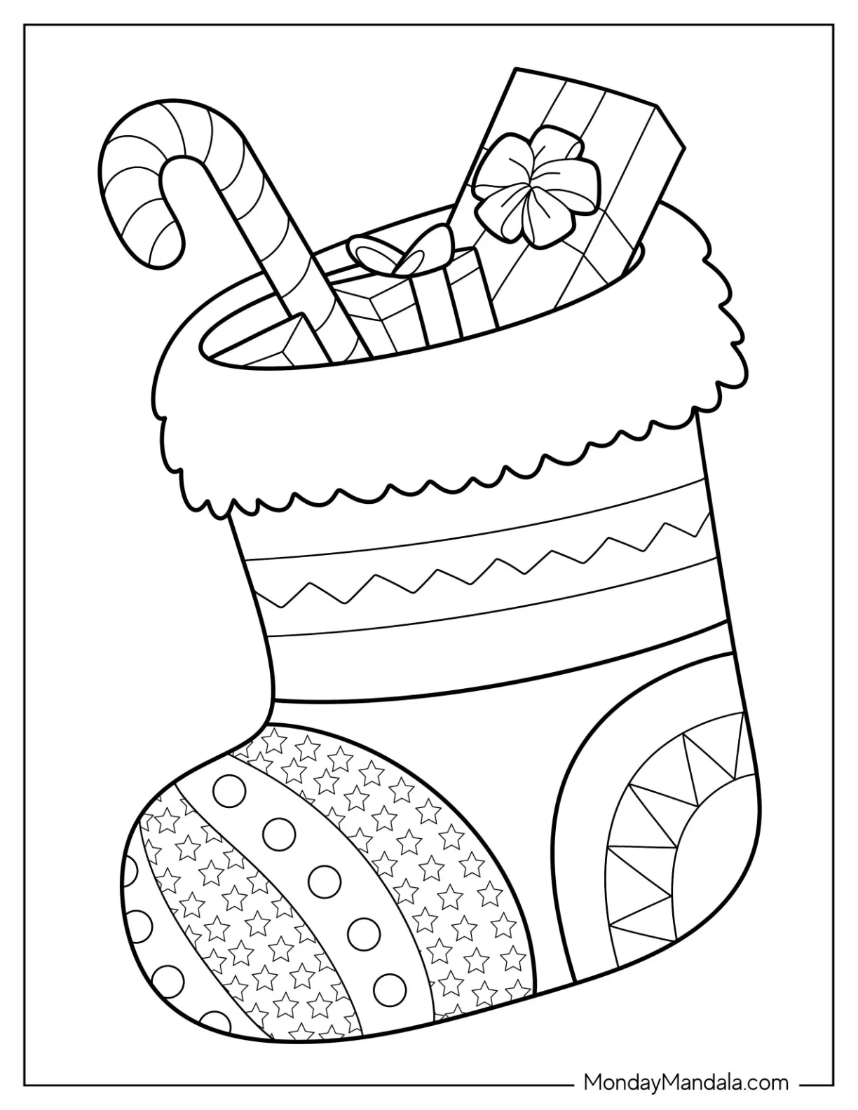 Easy Christmas Stocking With Presents And Candy Cane Coloring Page For Kids coloring page