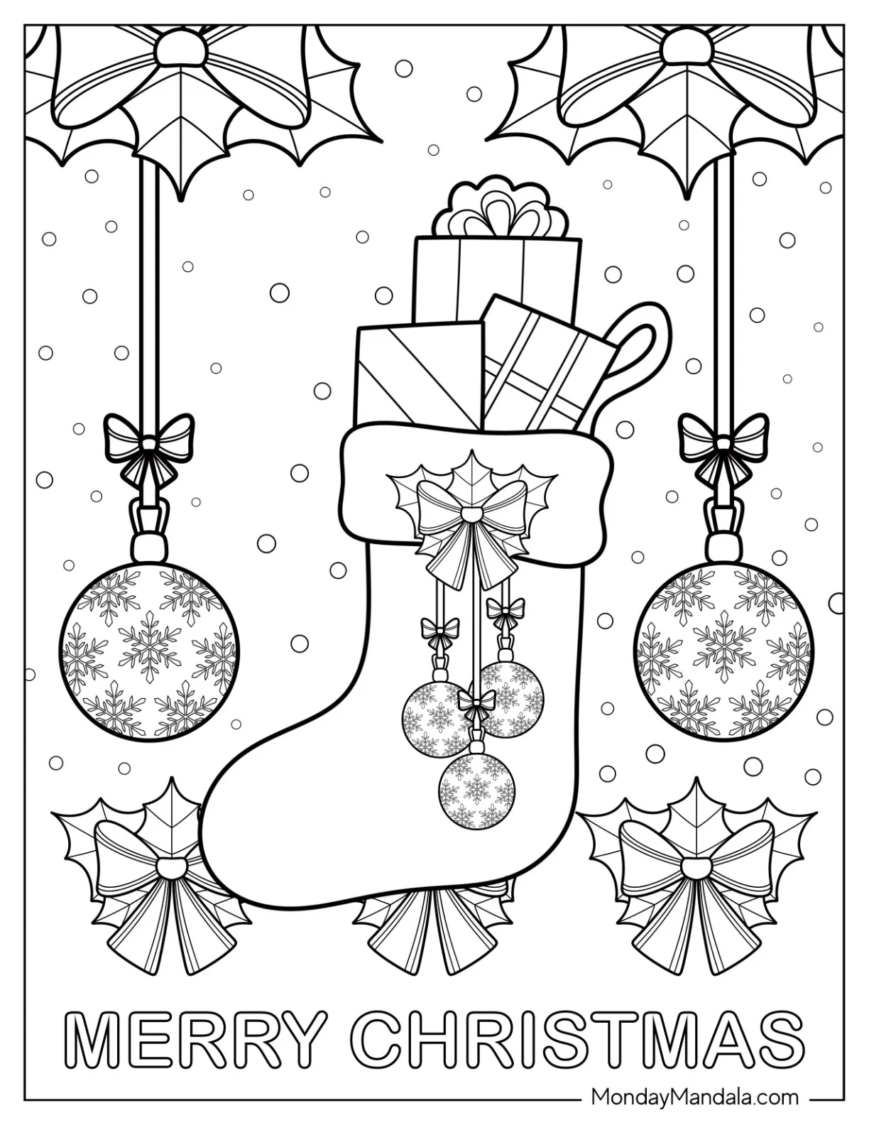 Elegant Christmas Stocking With Mistletoe, Ribbons, And Baubles coloring page