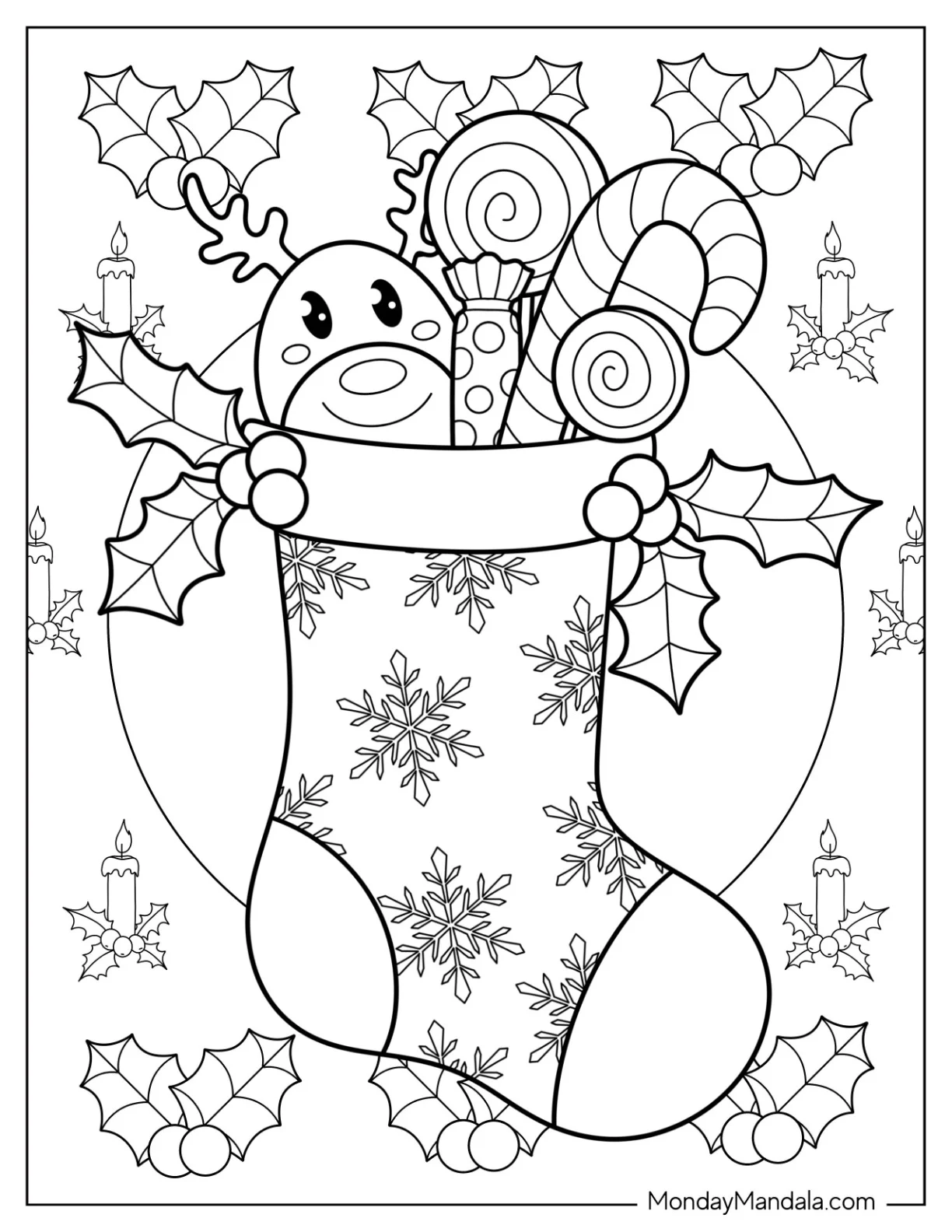 Festive Christmas Stocking With Lollipops, Candy Cane, And Reindeer Coloring Sheet coloring page — printable line art