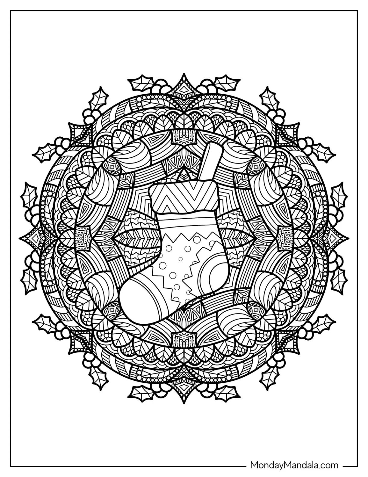 Intricate Christmas Stocking Mandala With Mistletoes Coloring Sheet coloring page — printable line art