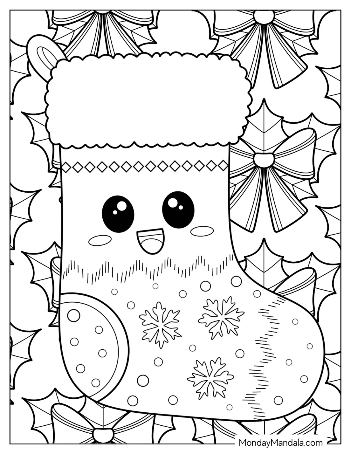 Kawaii Christmas Stockings With Ribbons In The Background Coloring Page coloring page — printable line art