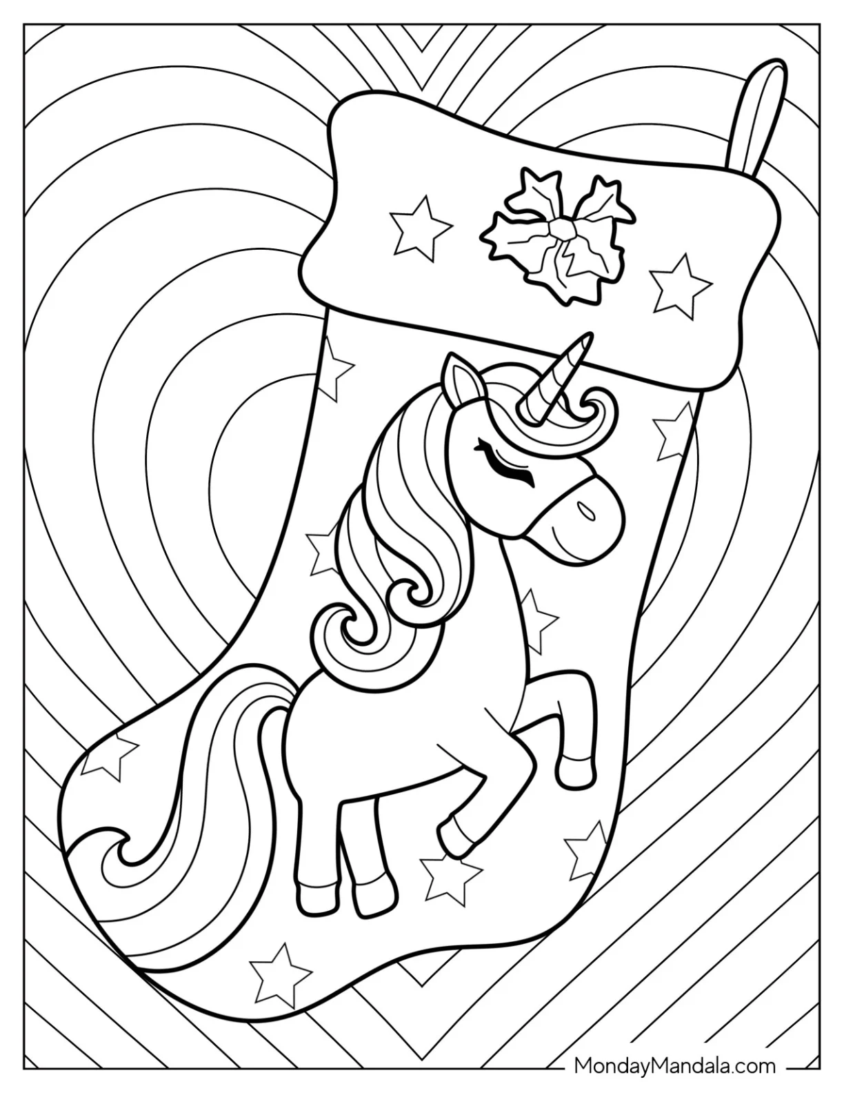 Unicorn Themed Christmas Stocking Coloring Sheet For Kids coloring page — printable line art